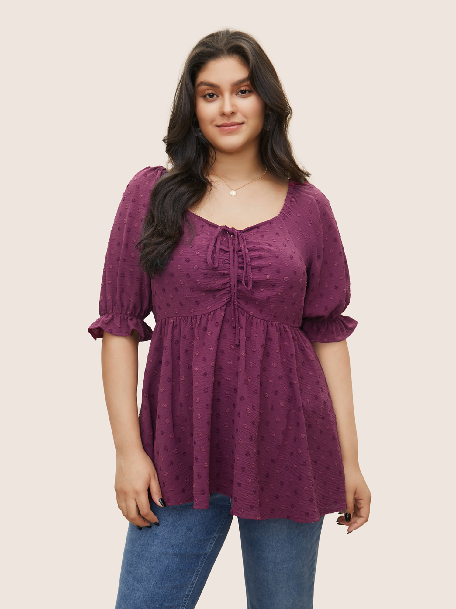 

Plus Size Purple Solid Texture Ruffles Ties Elastic Waist Blouse Women Elegant Half Sleeve Square Neck Everyday Blouses BloomChic