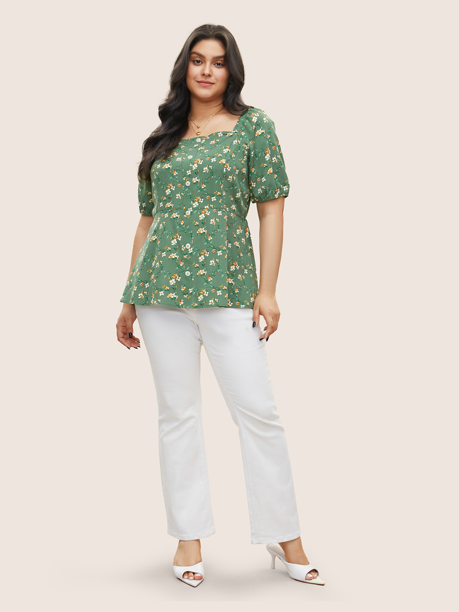Plus Size Green Square Neck Ditsy Floral Gathered Blouse Women Elegant Short sleeve Square Neck Everyday Blouses BloomChic 30/6X 