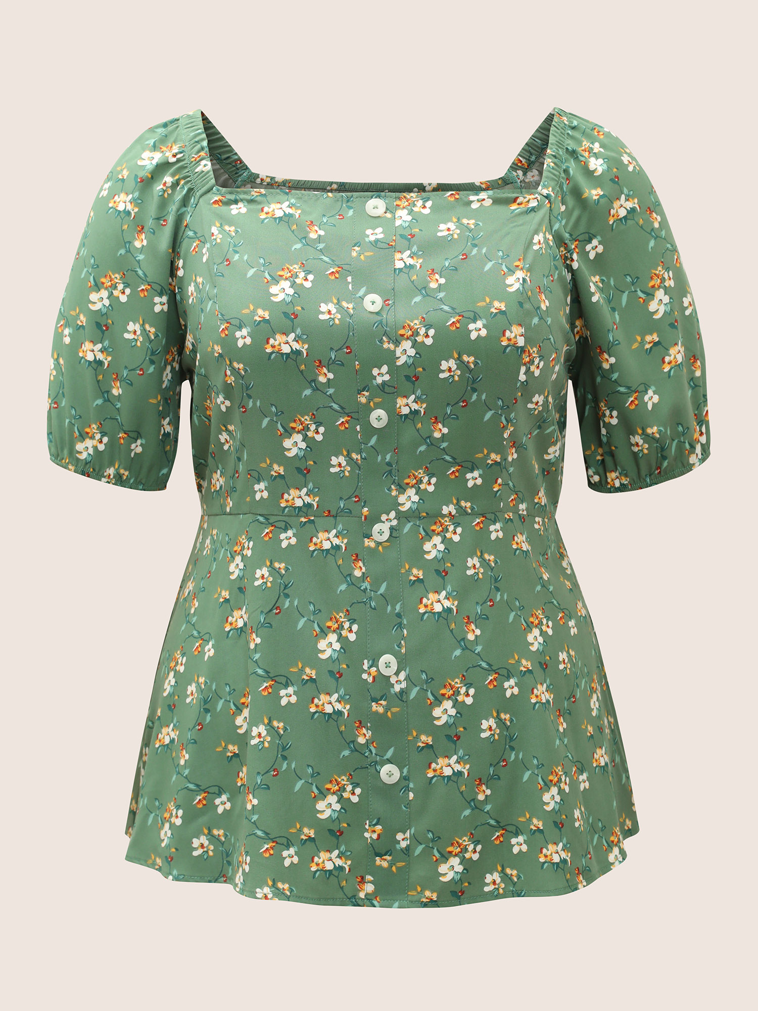 Plus Size Green Square Neck Ditsy Floral Gathered Blouse Women Elegant Short sleeve Square Neck Everyday Blouses BloomChic 30/6X 