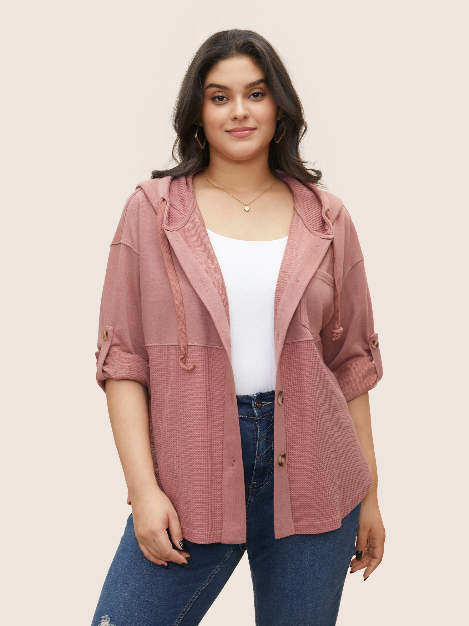 

Plus Size Plain Waffle Knit Drawstring Tab Sleeve Jacket Women DustyPink Texture Patch pocket Everyday Jackets BloomChic