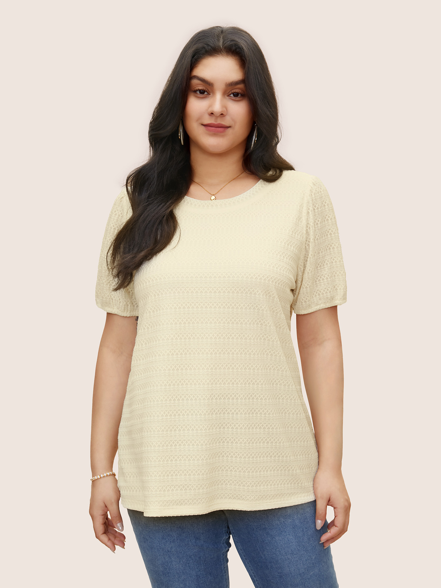 

Plus Size Plain Textured Back Ties T-shirt Beige Women Elegant Non Plain Round Neck Everyday T-shirts BloomChic