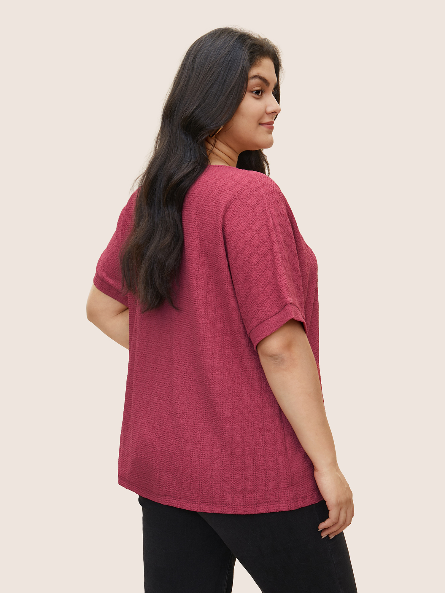 

Plus Size Plain Textured Jacquard Dolman Sleeve T-shirt Pink Women Elegant Non Plain Round Neck Everyday T-shirts BloomChic