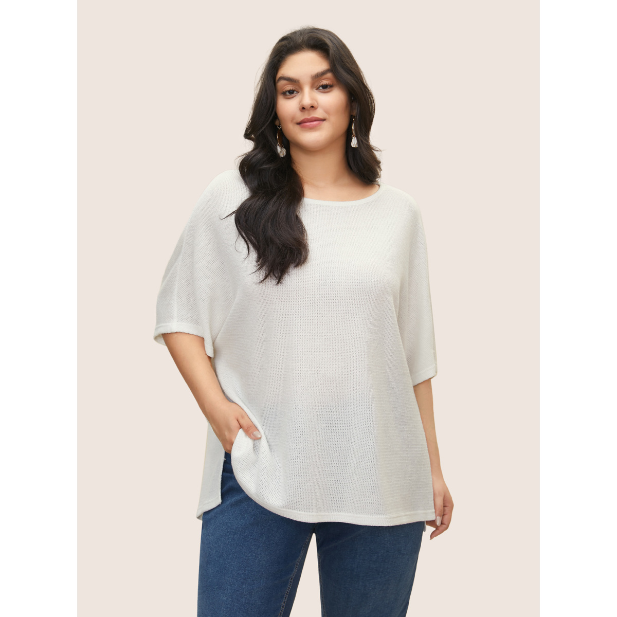 

Plus Size Plain Textured Dolman Sleeve Loose T-shirt White Women Casual Non Plain Round Neck Everyday T-shirts BloomChic