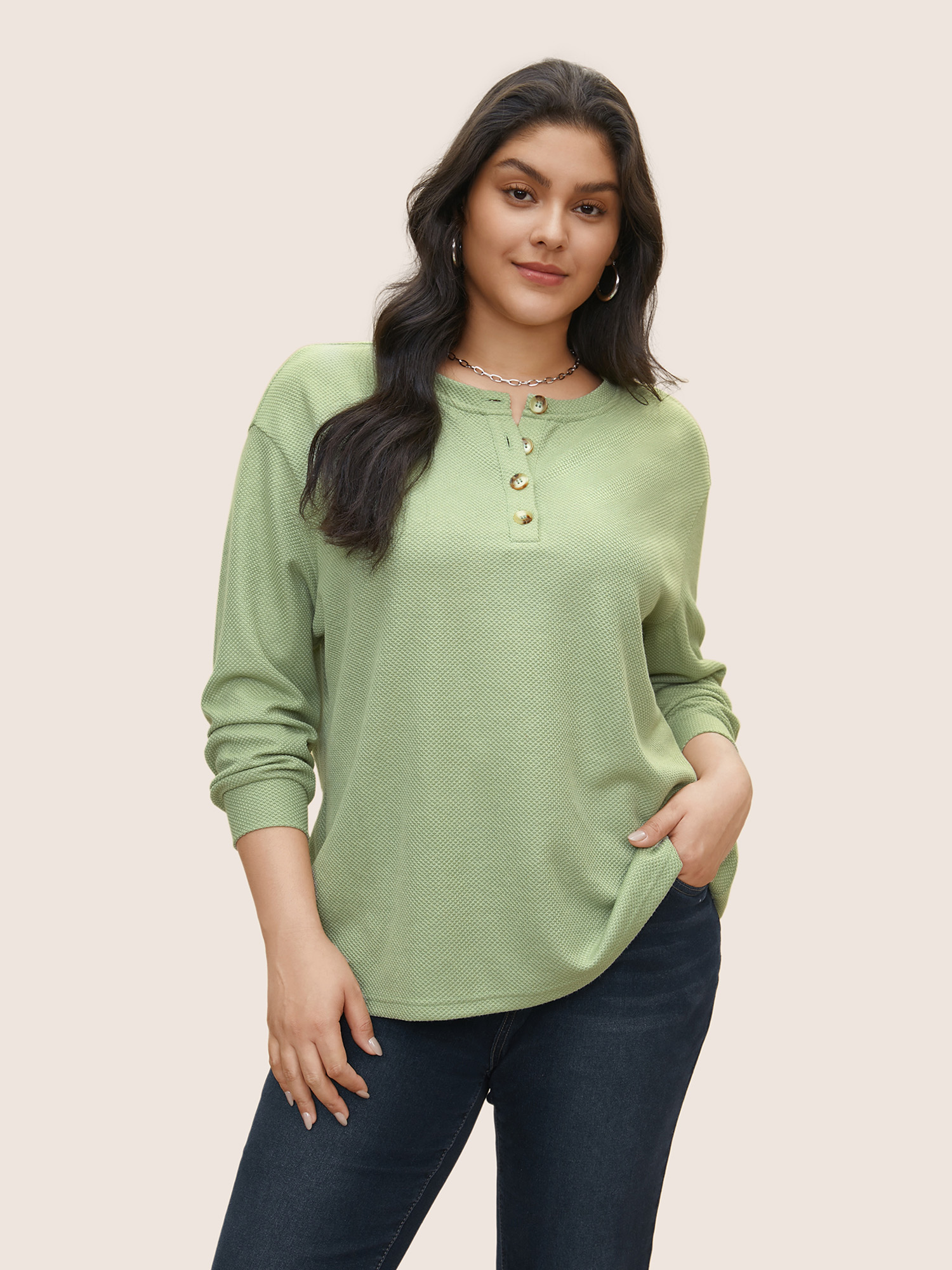 

Plus Size Plain Button Detail Textured Sweatshirt Women LightGreen Casual Non Round Neck Everyday Sweatshirts BloomChic