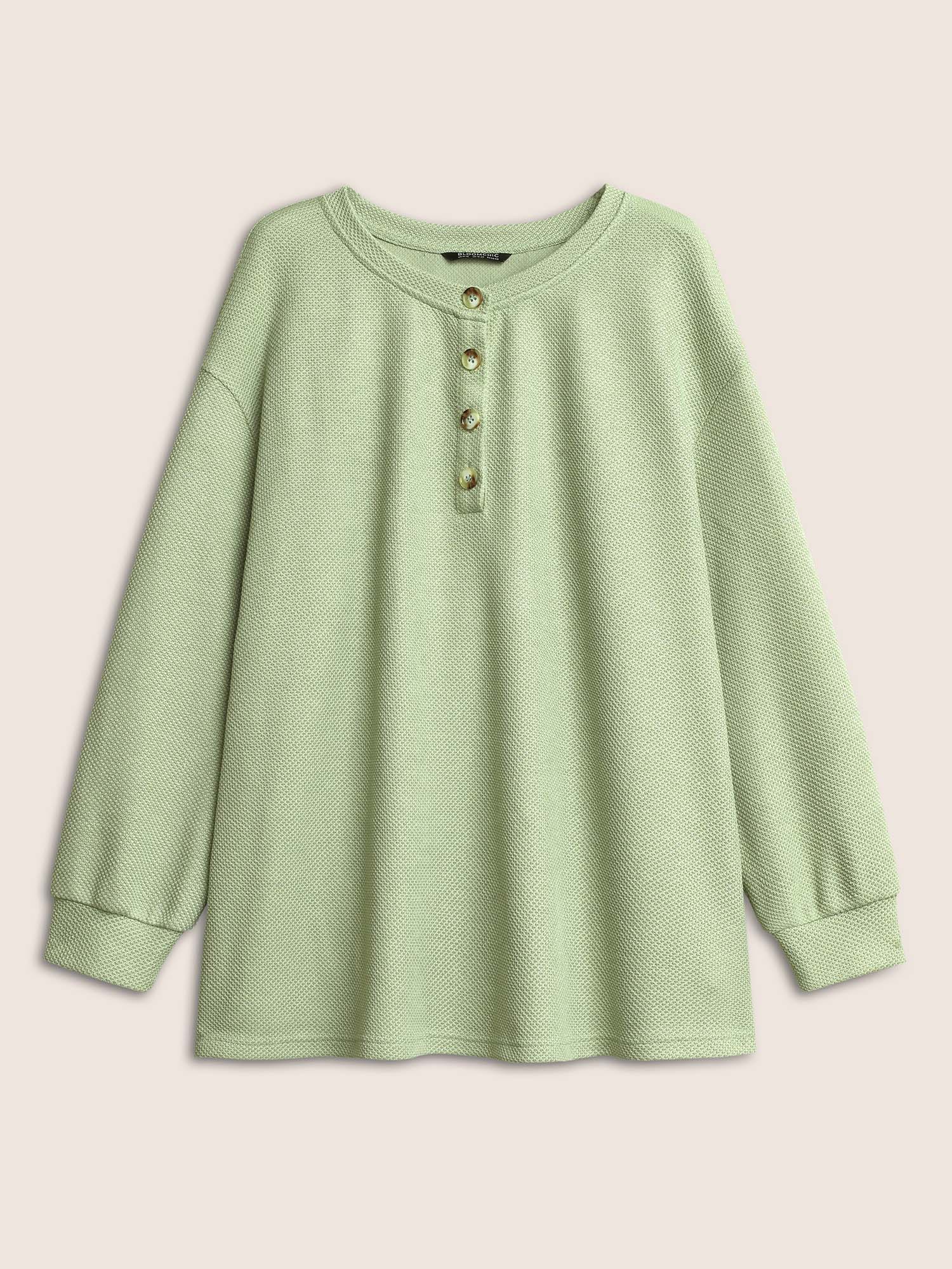 

Plus Size Plain Button Detail Textured Sweatshirt Women LightGreen Casual Non Round Neck Everyday Sweatshirts BloomChic