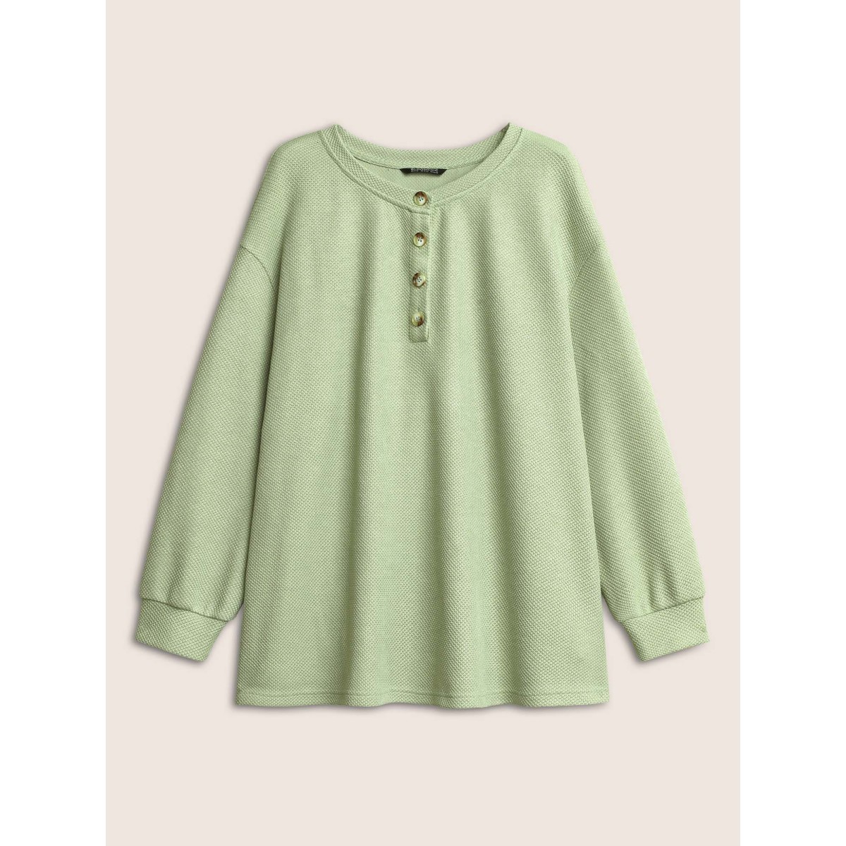 

Plus Size Plain Button Detail Textured Sweatshirt Women LightGreen Casual Non Round Neck Everyday Sweatshirts BloomChic