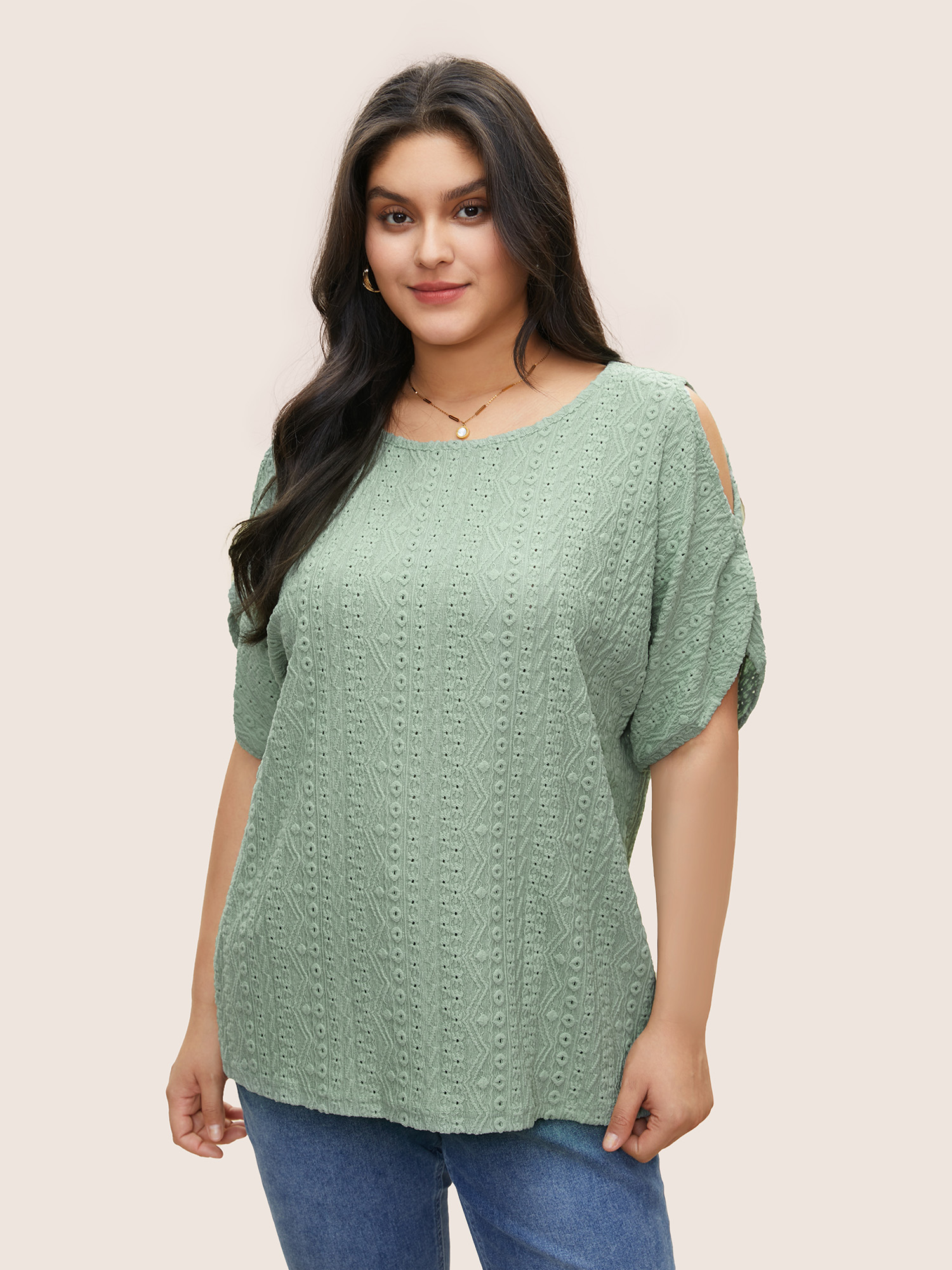 

Plus Size Plain Texture Round Neck Cut Out T-shirt Mint Women Elegant Non Plain Round Neck Everyday T-shirts BloomChic