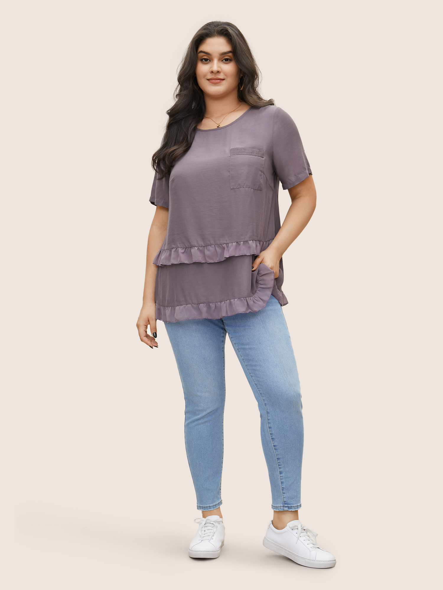 

Plus Size Mauve Plain Tiered Ruffles Patched Pocket Blouse Women Casual Short sleeve Round Neck Everyday Blouses BloomChic