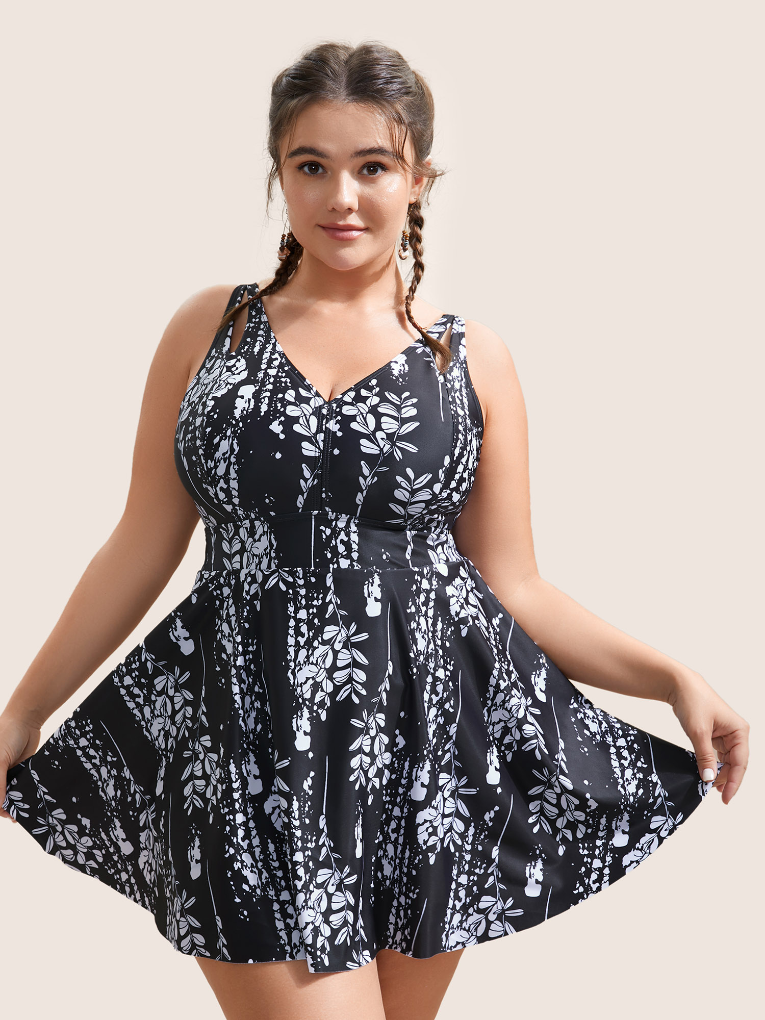 Plants Print Adjustable Straps Cut Out Swim Dress 