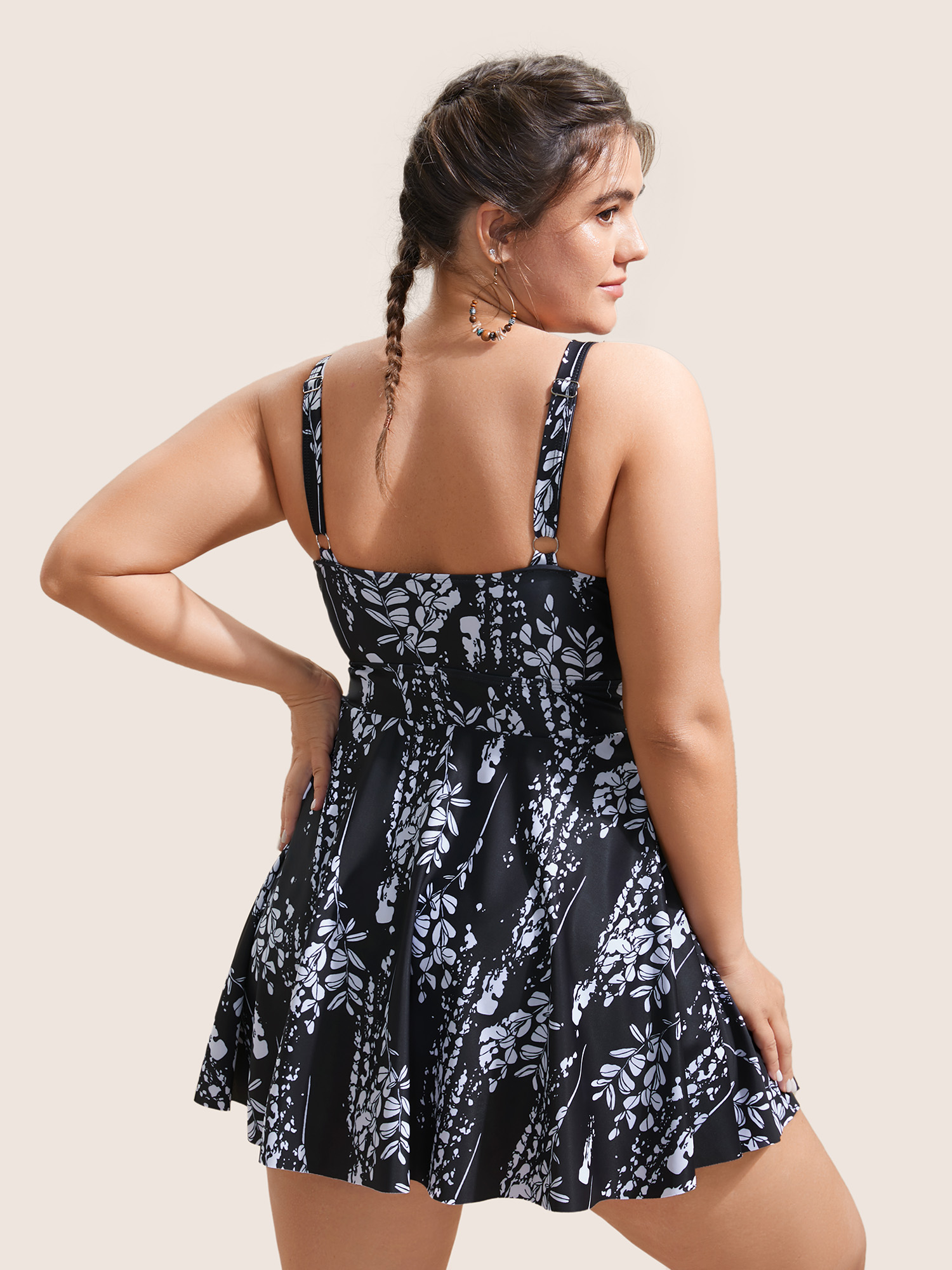 Plants Print Adjustable Straps Cut Out Swim Dress 