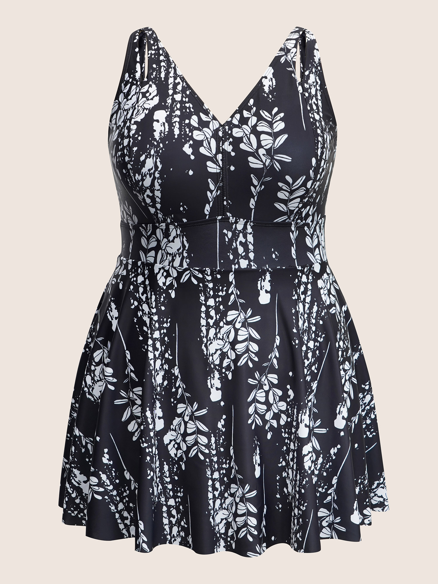 Plants Print Adjustable Straps Cut Out Swim Dress 