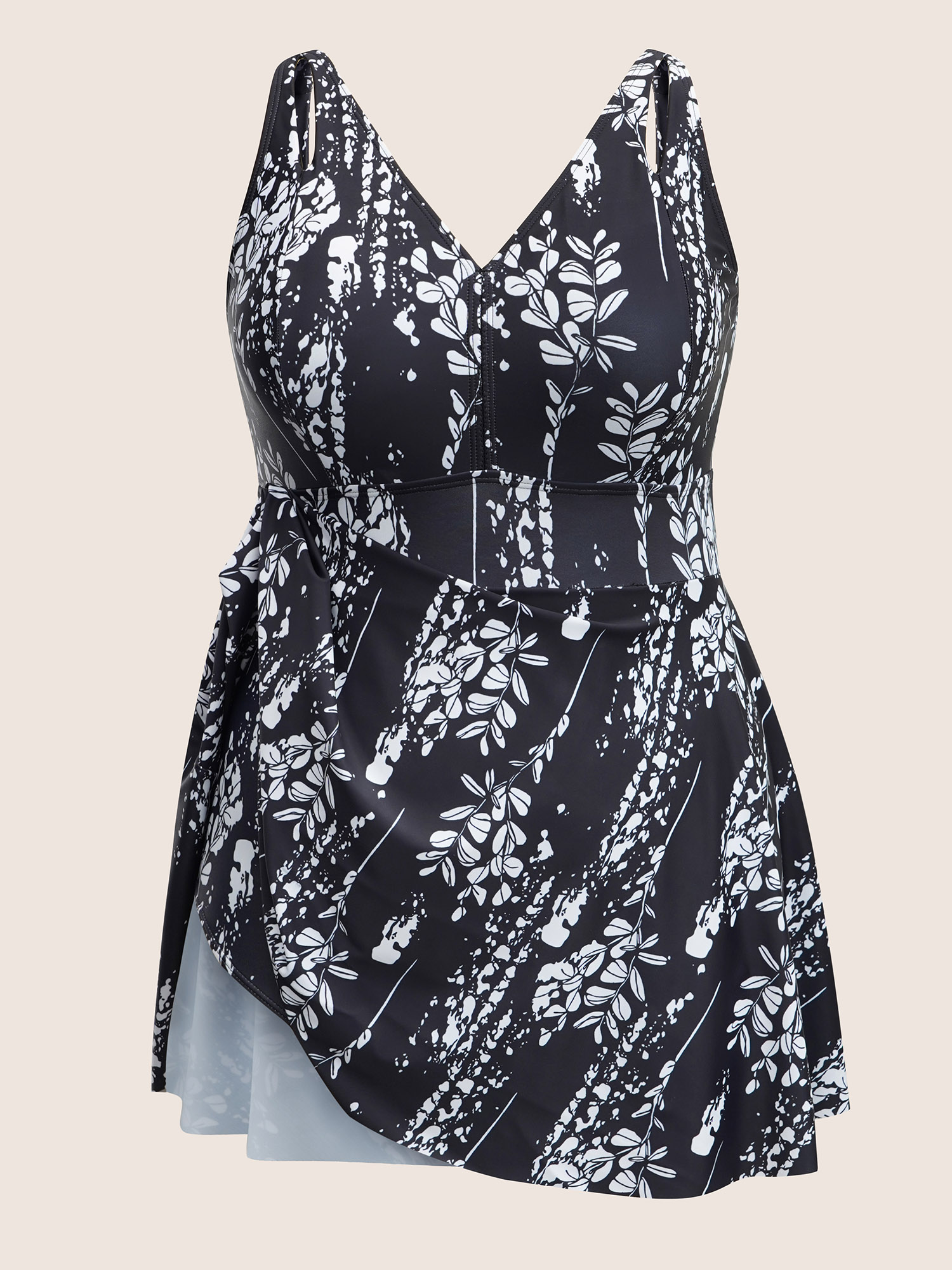 Plants Print Adjustable Straps Cut Out Swim Dress 