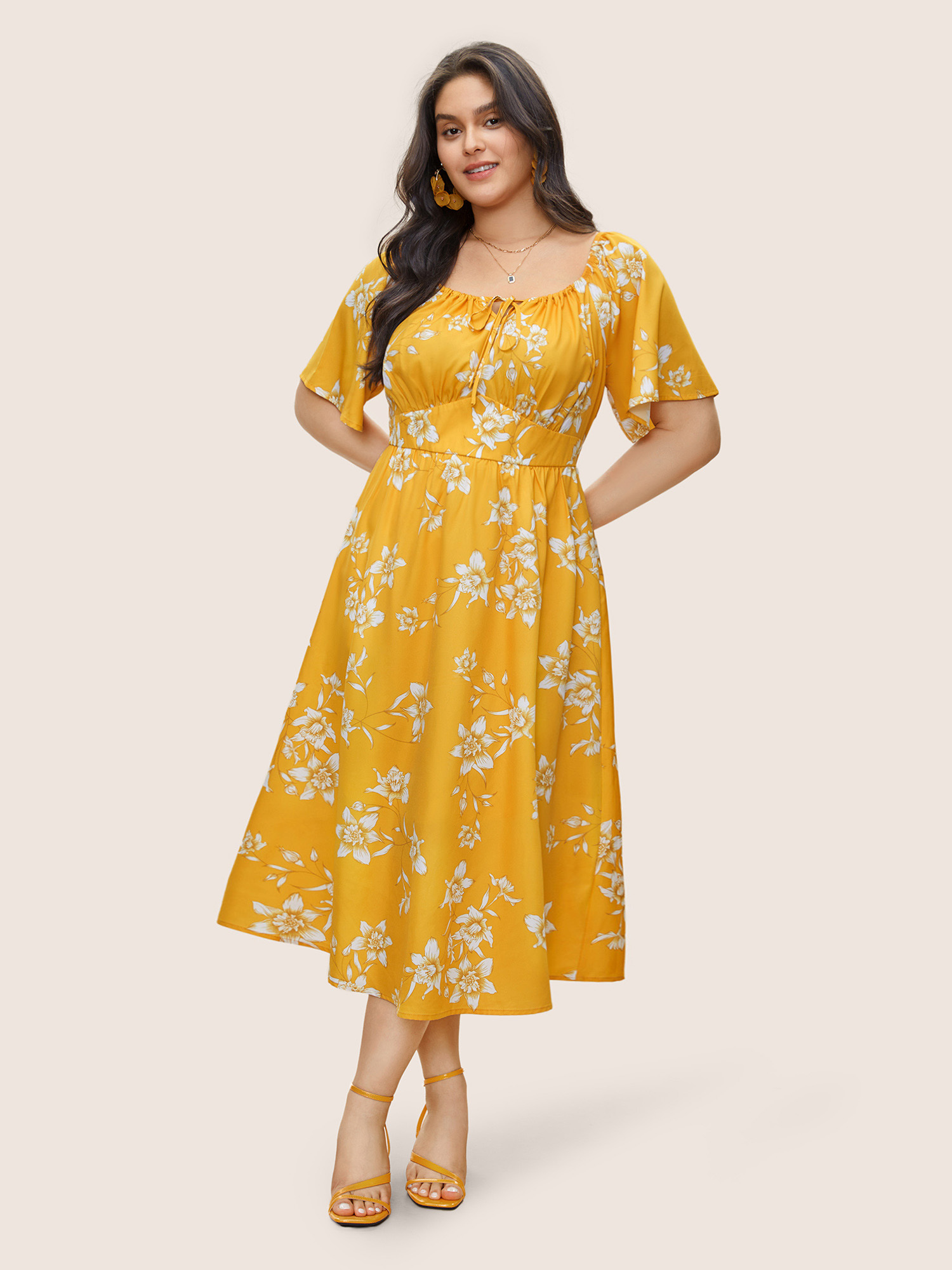 

Plus Size Floral Print Knot Neck Patchwork Ruffle Sleeve Dress Yellow Women Elegant Non V-neck Short sleeve Curvy Midi Dress BloomChic