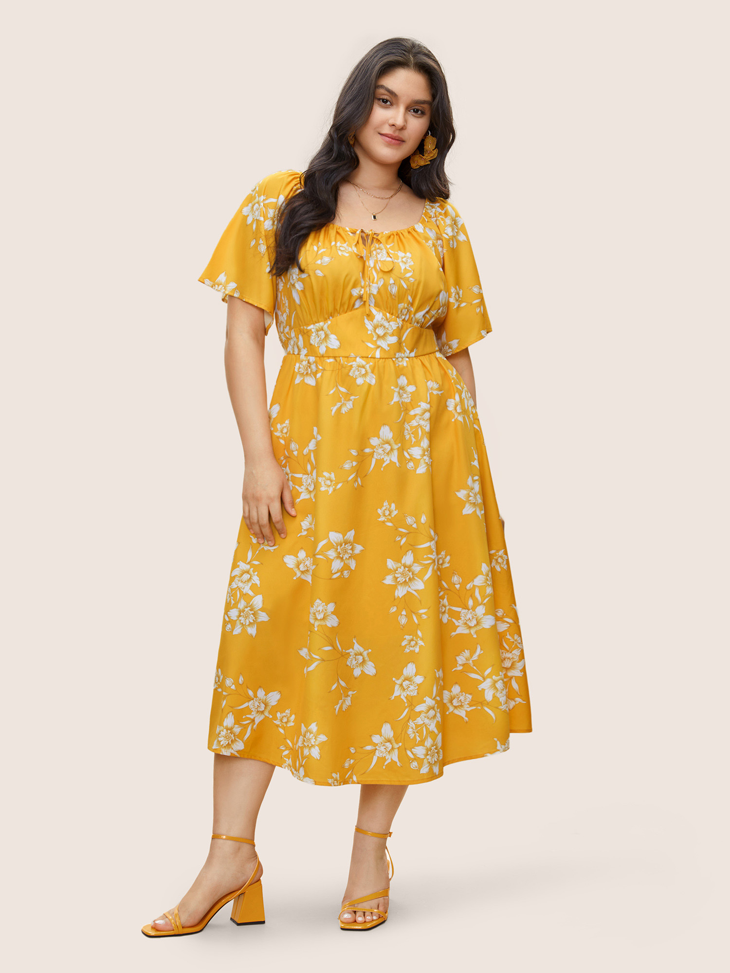 

Plus Size Floral Print Knot Neck Patchwork Ruffle Sleeve Dress Yellow Women Elegant Non V-neck Short sleeve Curvy Midi Dress BloomChic