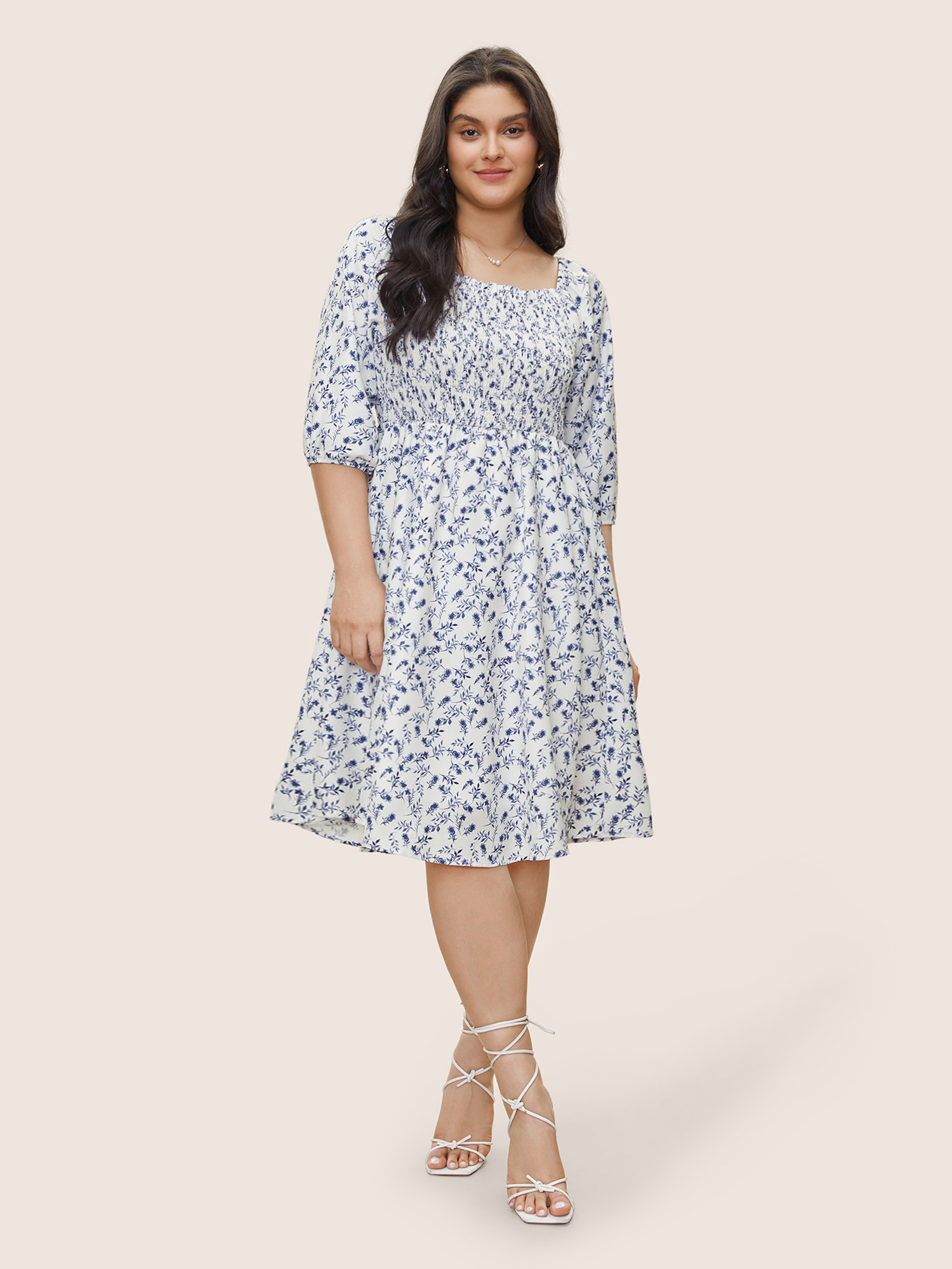 

Plus Size Ditsy Floral Square Neck Shirred Lantern Sleeve Dress White Women Elegant Non Square Neck Elbow-length sleeve Curvy Midi Dress BloomChic