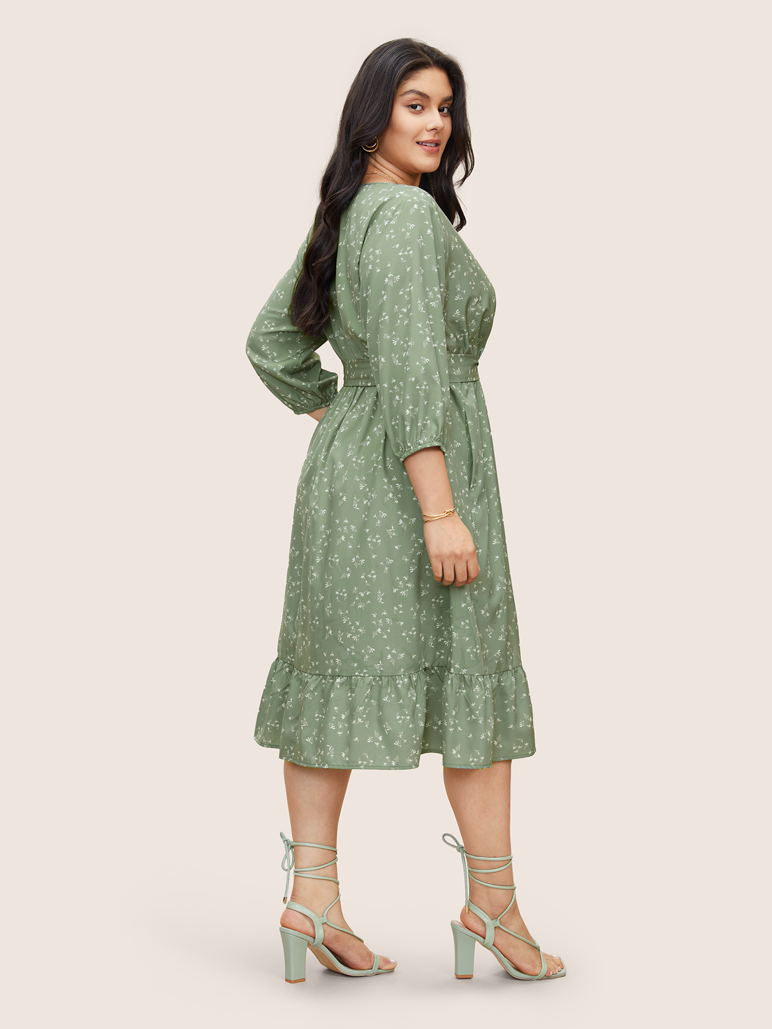 

Plus Size Ditsy Floral Belted Surplice Neck Gathered Dress Mint Women Non Curvy Midi Dress BloomChic
