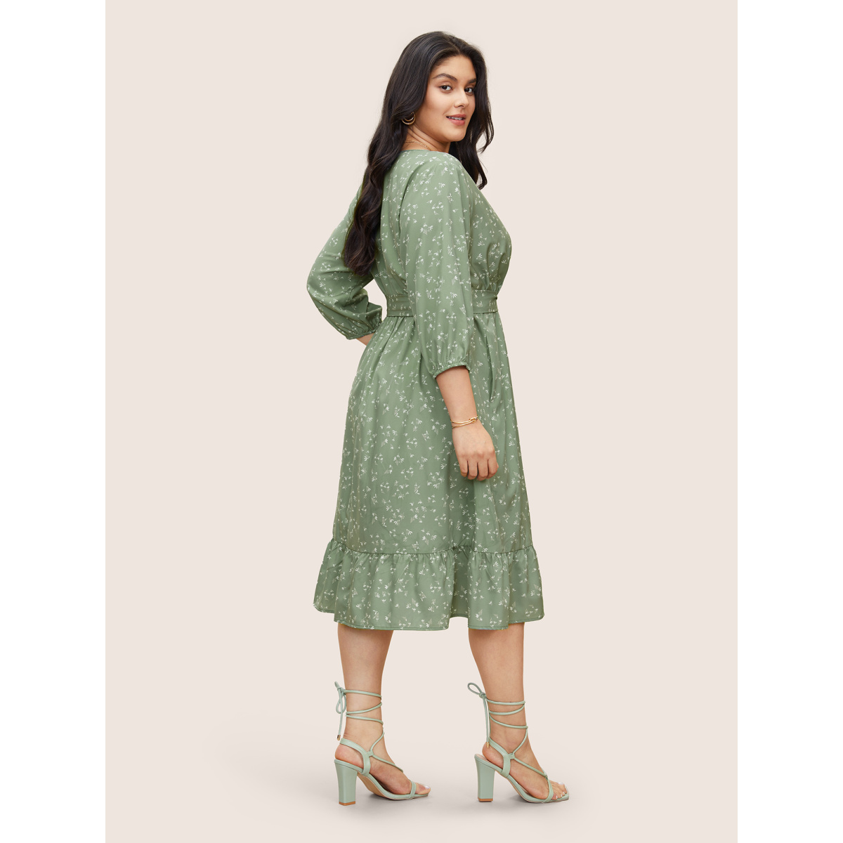 

Plus Size Ditsy Floral Belted Surplice Neck Gathered Dress Mint Women Non Curvy Midi Dress BloomChic