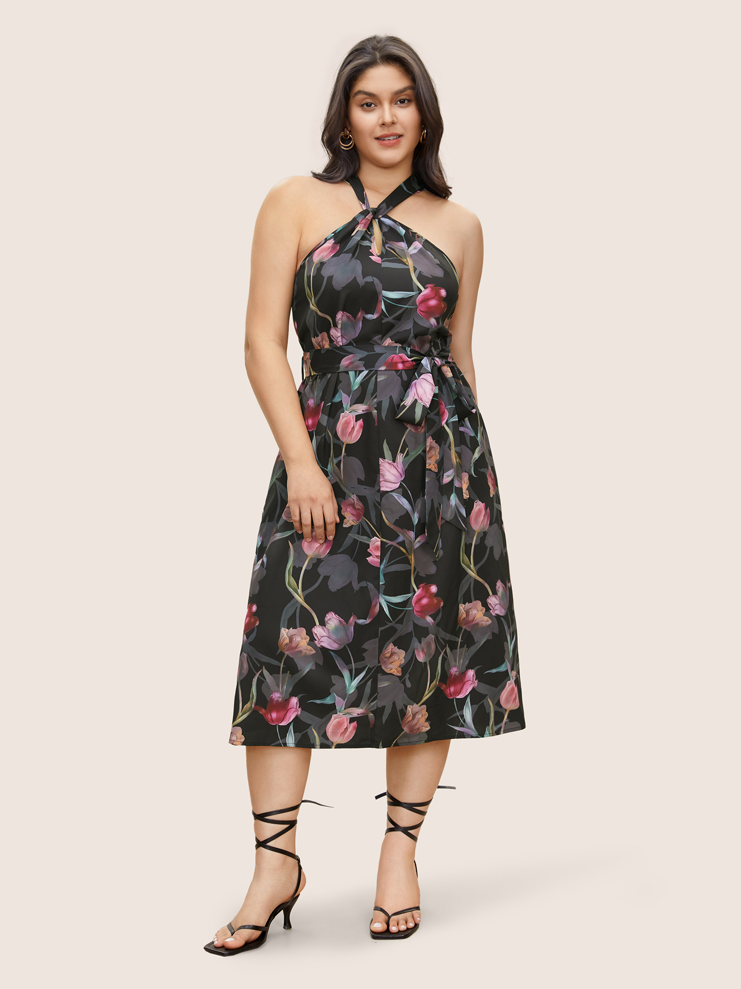 

Plus Size Floral Halter Belted Twist Front Pocket Dress BlackFlower Women Elegant Belted Halter neck Sleeveless Curvy Midi Dress BloomChic