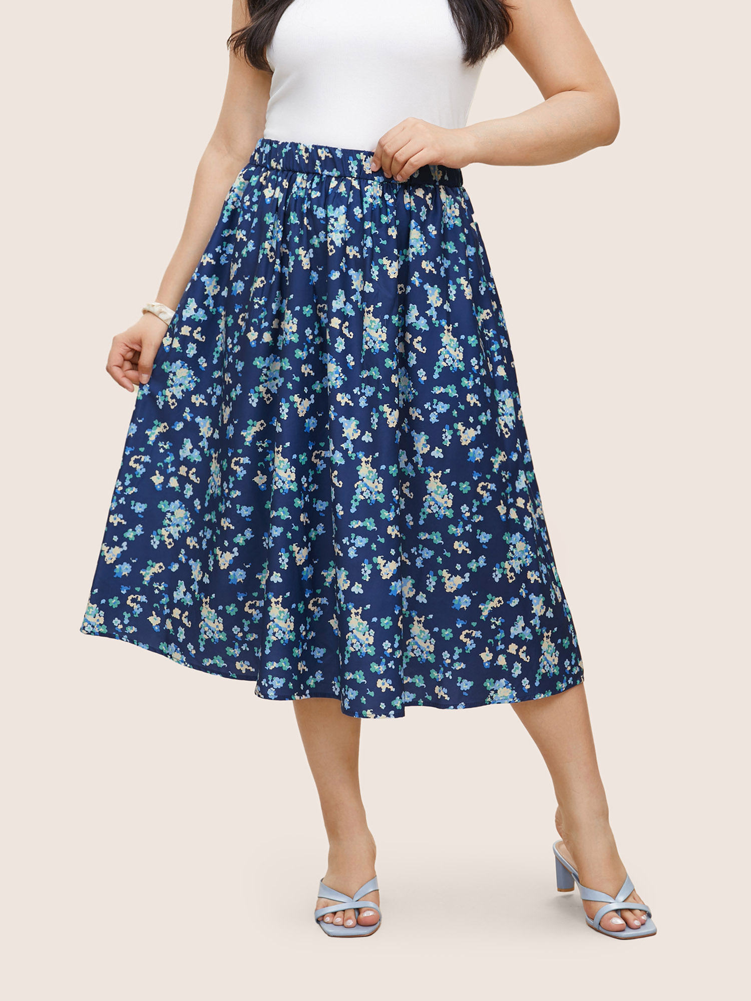 

Plus Size Ditsy Floral Print Elastic Waist Pocket Midi Skirt Women Aegean Elegant Non No stretch Slanted pocket Everyday Skirts BloomChic