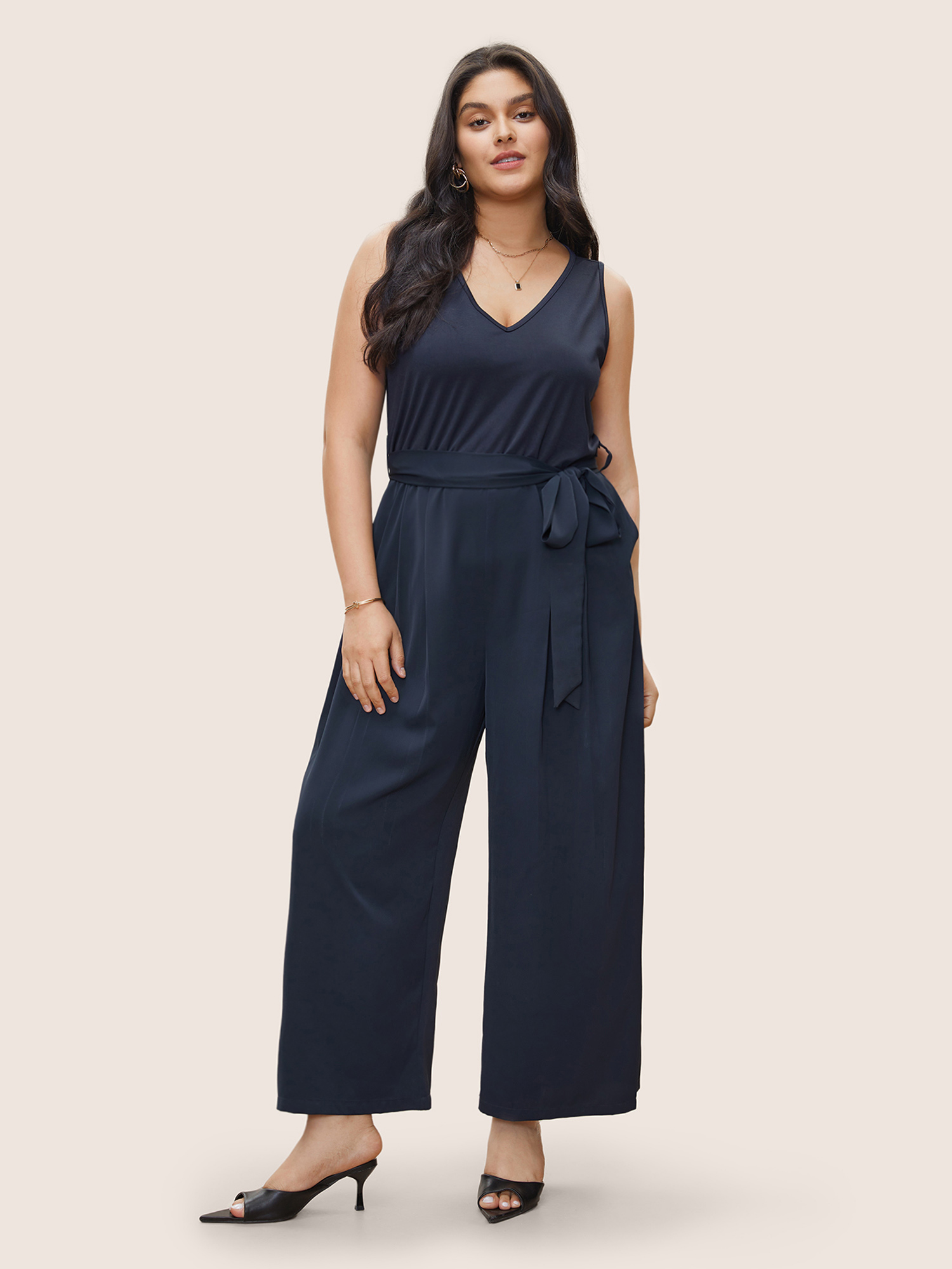 

Plus Size DarkBlue Anti-Wrinkle Patchwork Pleated Detail Tank Jumpsuit Women Casual Sleeveless V-neck Everyday Loose Jumpsuits BloomChic