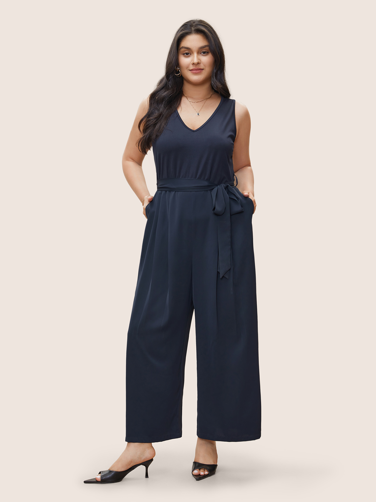 

Plus Size DarkBlue Anti-Wrinkle Patchwork Pleated Detail Tank Jumpsuit Women Casual Sleeveless V-neck Everyday Loose Jumpsuits BloomChic