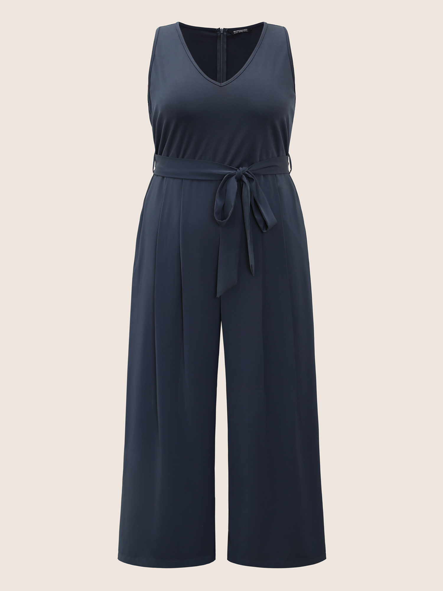 

Plus Size DarkBlue Anti-Wrinkle Patchwork Pleated Detail Tank Jumpsuit Women Casual Sleeveless V-neck Everyday Loose Jumpsuits BloomChic