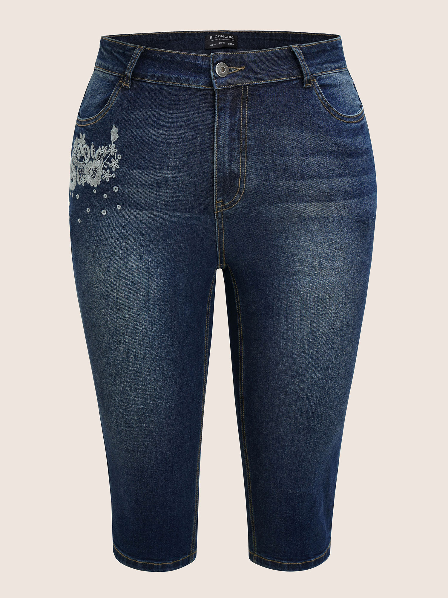 Plus Size Floral Embroidered Skinny Below The Knees Jeans Women Midnight Elegant Natural Flowers Non High stretch Slanted pocket Jeans BloomChic 20/2X 