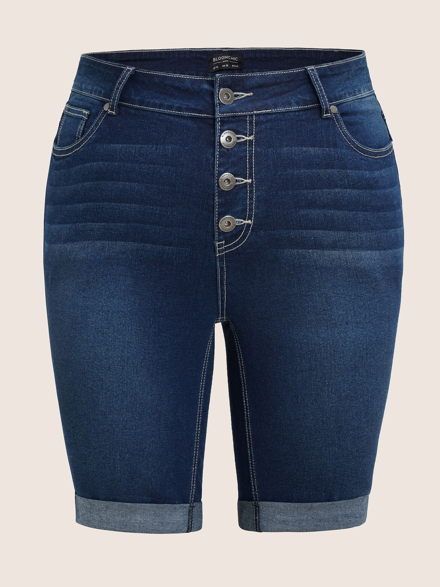 Plus Size Button Fly Roll Hem Skinny Denim Shorts Women Indigo Non High stretch Everyday Slanted pocket Casual Denim Shorts BloomChic 20/2X 