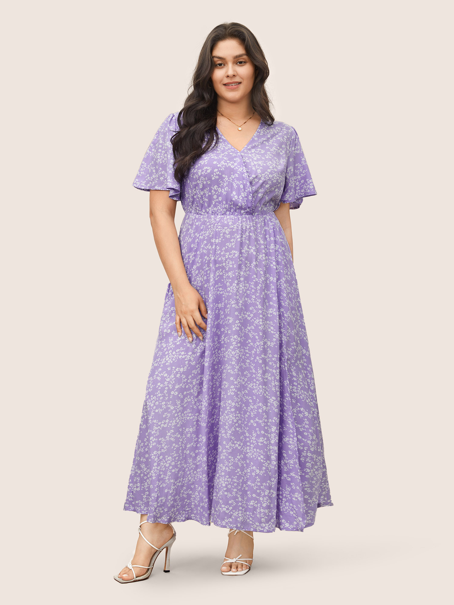Plus Size Women Everyday Ditsy Floral Printed Ruffle Sleeve Half Sleeve V-neck Pocket Elegant Dresses BloomChic 