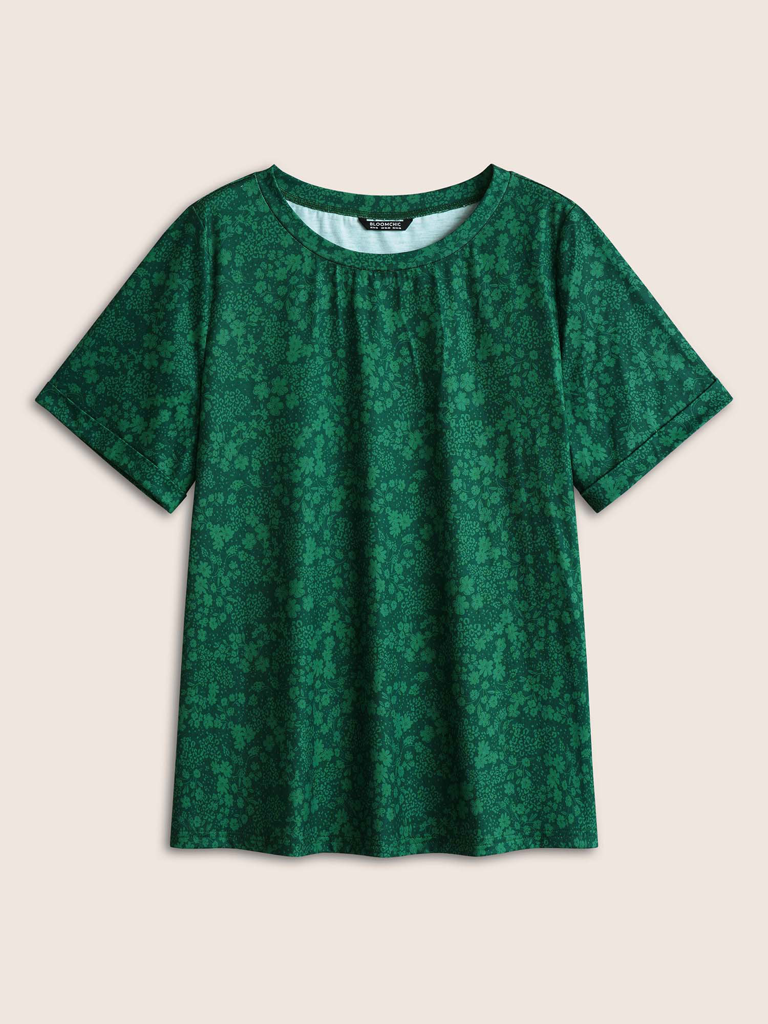 Plus Size Ditsy Floral Print Crew Neck T-shirt DarkGreen Women Casual Non Ditsy Floral Round Neck Everyday T-shirts BloomChic 14-16/1X 