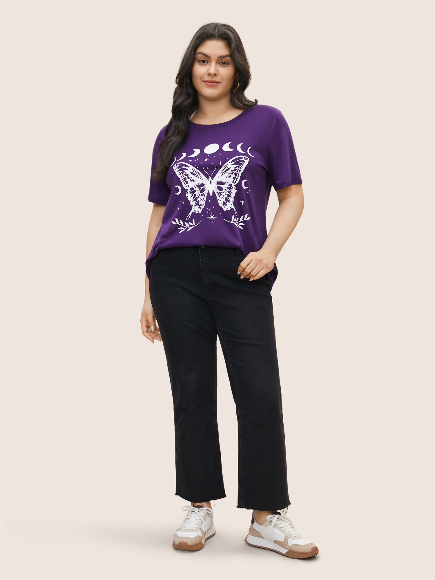 Plus Size Butterfly & Moon Print Round Neck T-shirt Eggplant Women Casual Non Star and moon Round Neck Everyday T-shirts BloomChic 22-24/3X 