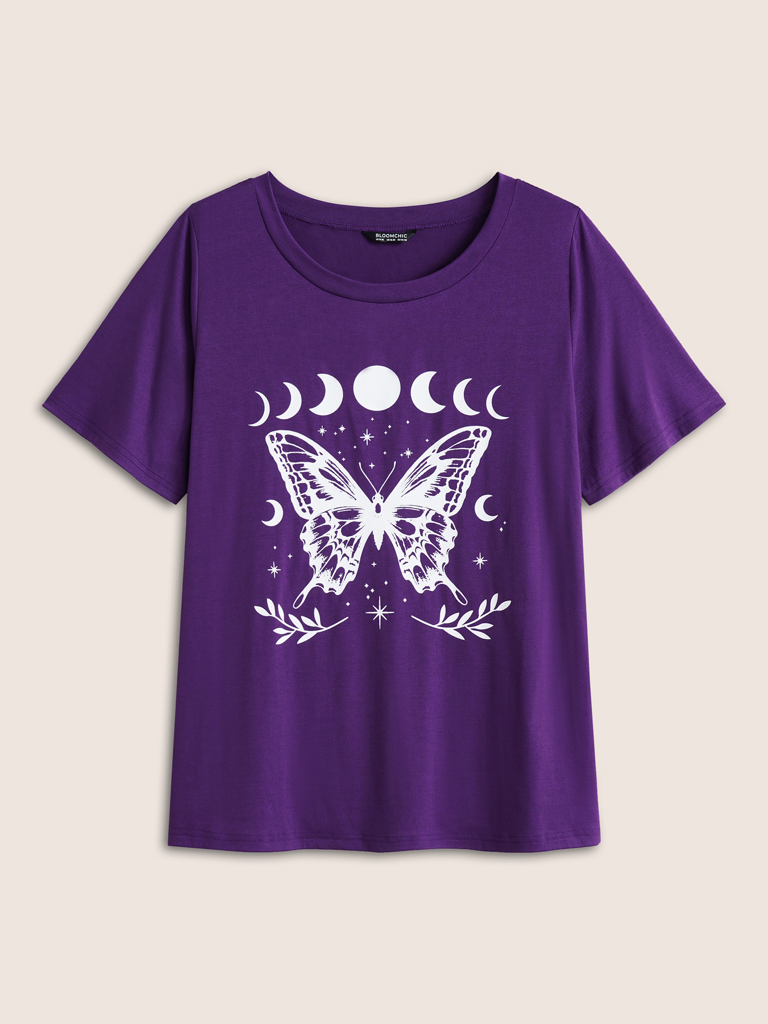 Plus Size Butterfly & Moon Print Round Neck T-shirt Eggplant Women Casual Non Star and moon Round Neck Everyday T-shirts BloomChic 22-24/3X 