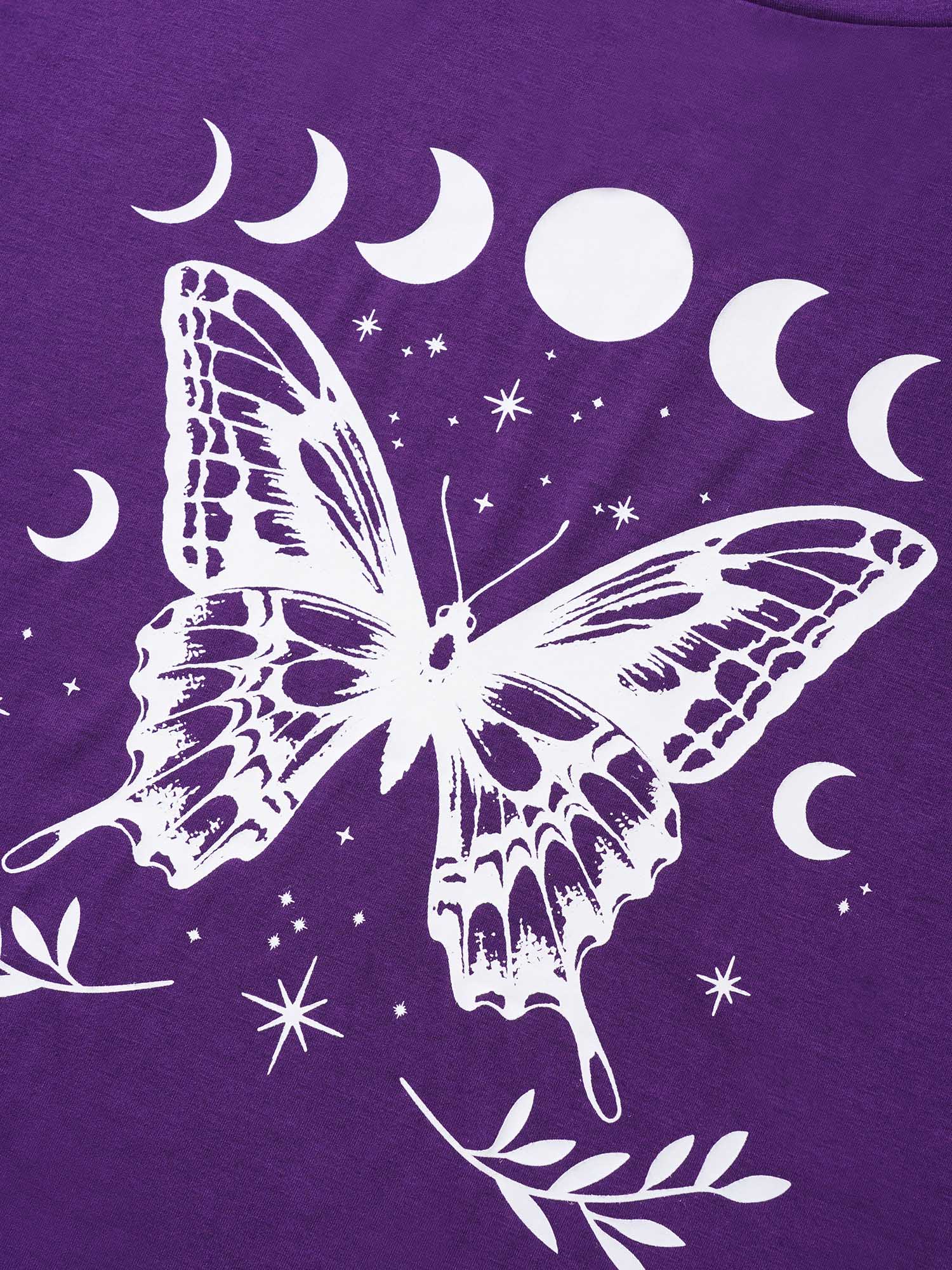 Plus Size Butterfly & Moon Print Round Neck T-shirt Eggplant Women Casual Non Star and moon Round Neck Everyday T-shirts BloomChic 22-24/3X 