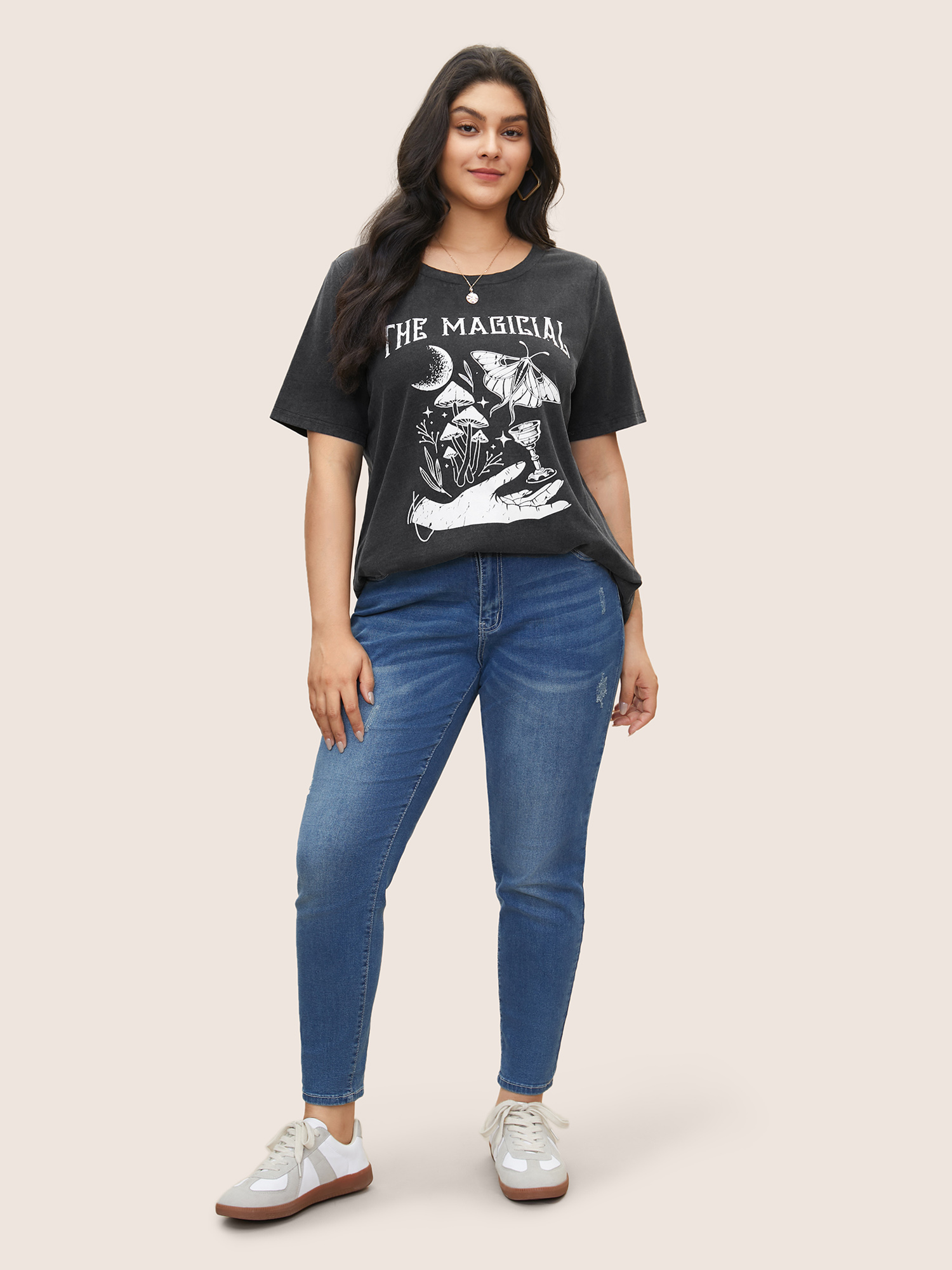 Plus Size Horoscope Print Vintage Round Neck T-shirt Black Women Casual Non Tarot elements Round Neck Everyday T-shirts BloomChic 26/4X 