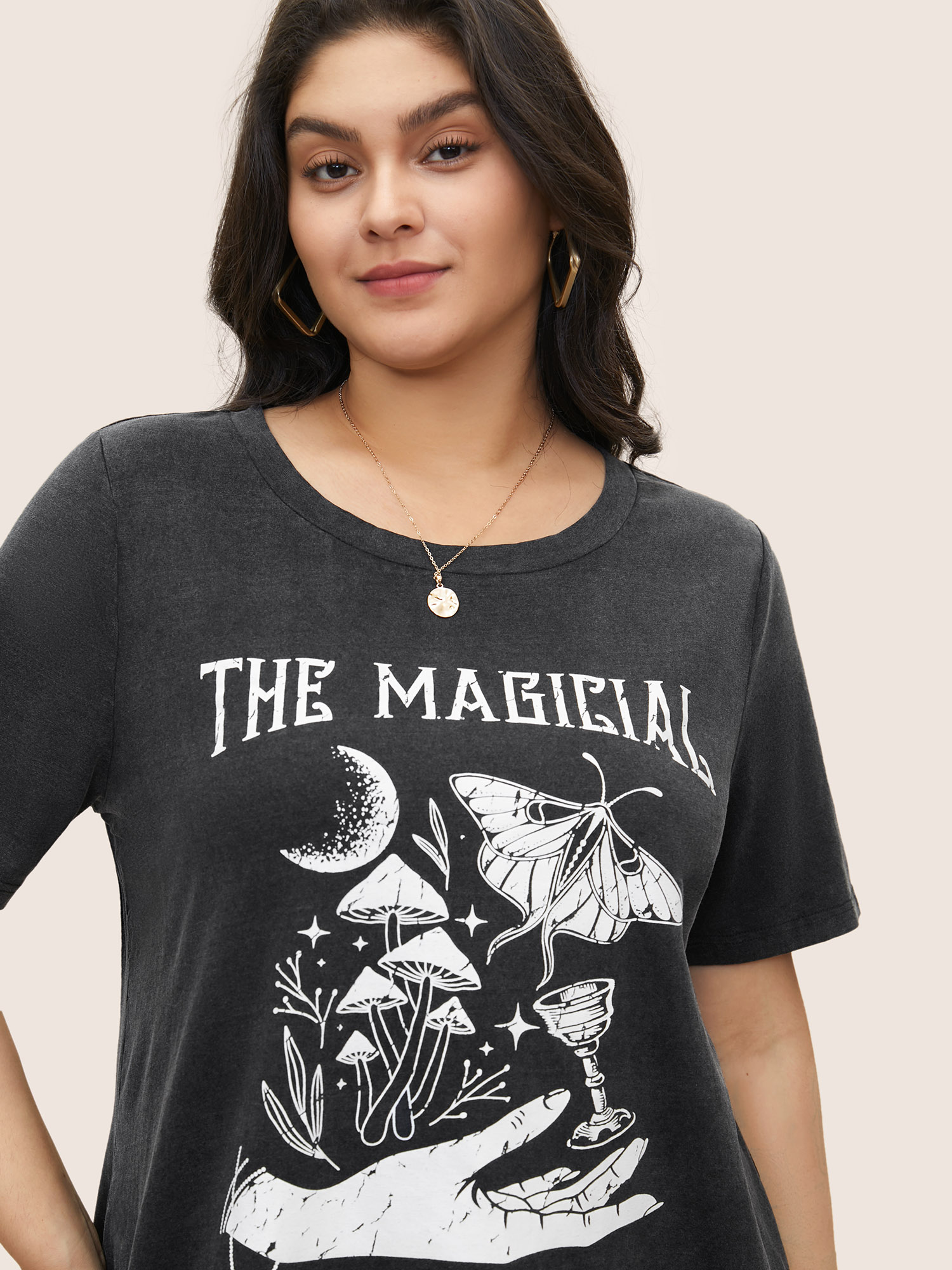 Plus Size Horoscope Print Vintage Round Neck T-shirt Black Women Casual Non Tarot elements Round Neck Everyday T-shirts BloomChic 26/4X 