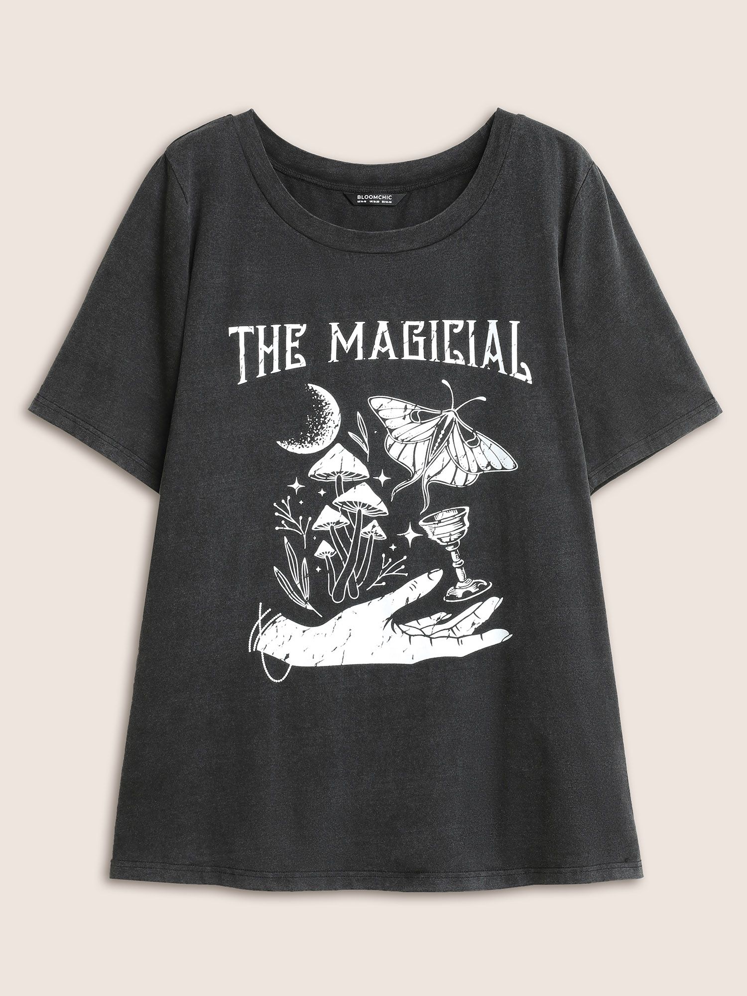 Plus Size Horoscope Print Vintage Round Neck T-shirt Black Women Casual Non Tarot elements Round Neck Everyday T-shirts BloomChic 26/4X 