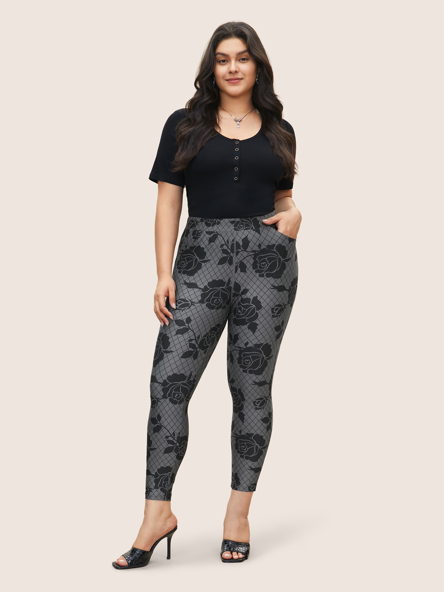 Plus Size Skinny Rose Print High Rise Leggings Women DimGray At the Office High stretch Skinny High Rise Work Leggings BloomChic 18-20/2X 