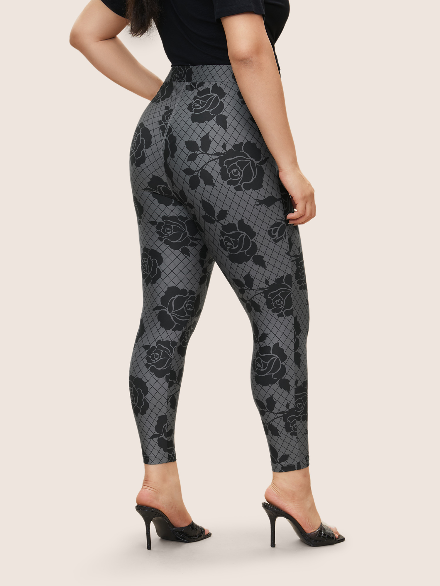 Plus Size Skinny Rose Print High Rise Leggings Women DimGray At the Office High stretch Skinny High Rise Work Leggings BloomChic 18-20/2X 