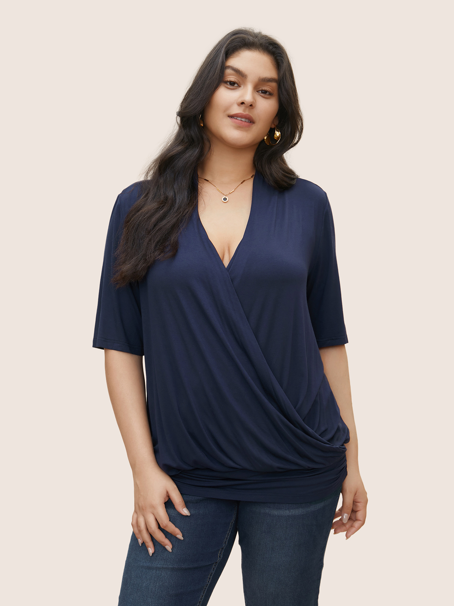 

Plus Size Drape Deep V Neck Wrap Gathered T-shirt Indigo Overlap Collar Half Sleeve Elegant Jersey Tops