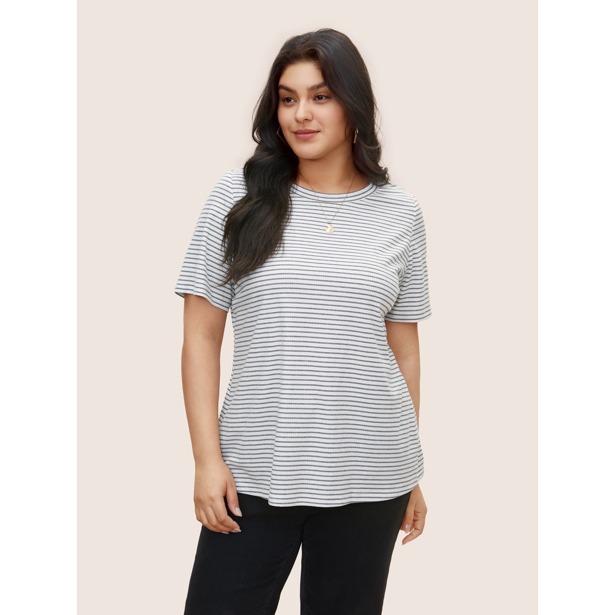

Plus Size Striped Round Neck Knit T-shirt LightGray Women Casual Contrast Striped Round Neck Everyday T-shirts BloomChic