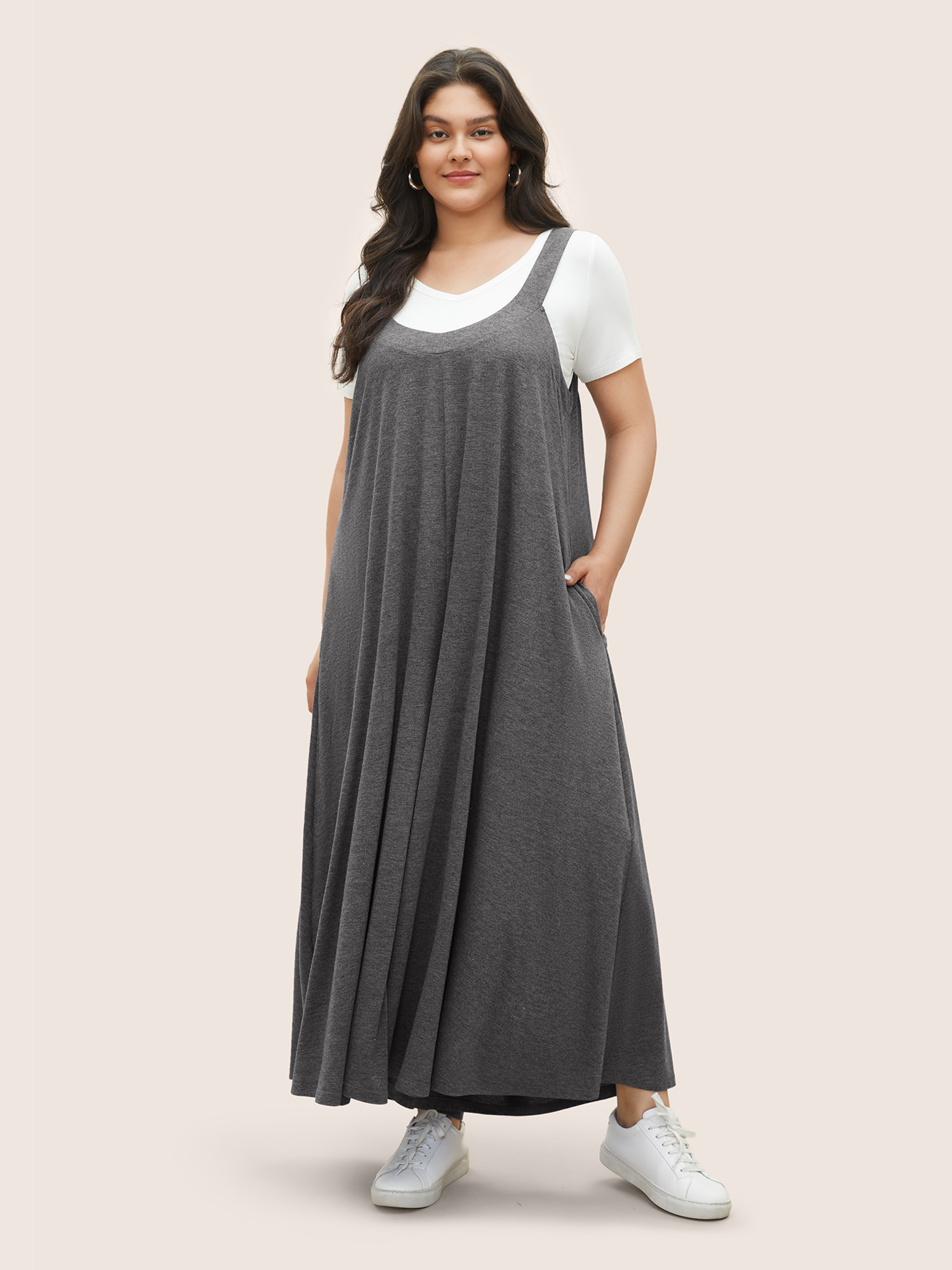 Plus Size Gray Supersoft Essentials Solid Pocket Adjustable Straps Jumpsuit Women Casual Sleeveless Non Everyday Loose Jumpsuits BloomChic 18-20/2X 