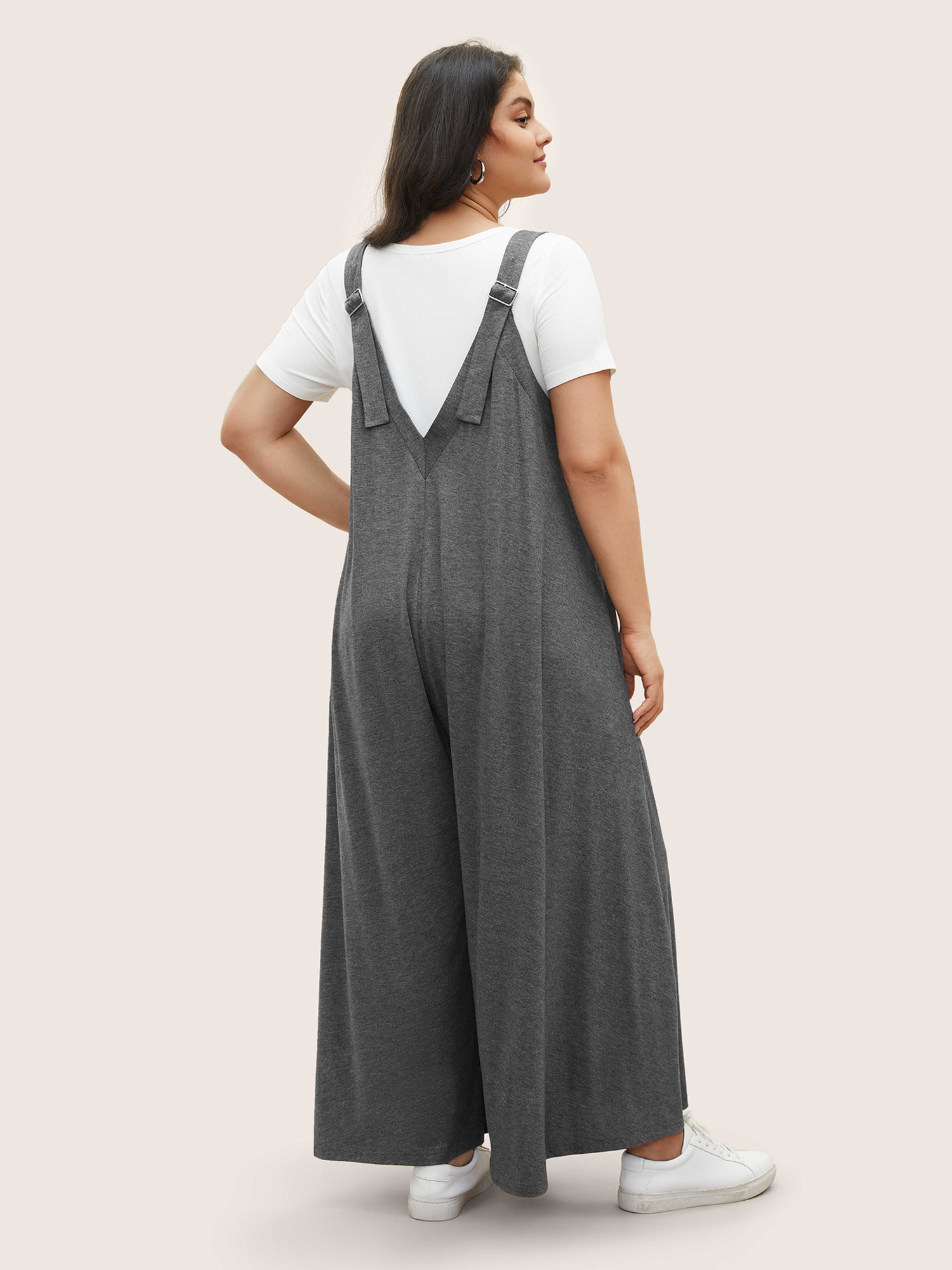 Plus Size Gray Supersoft Essentials Solid Pocket Adjustable Straps Jumpsuit Women Casual Sleeveless Non Everyday Loose Jumpsuits BloomChic 18-20/2X 