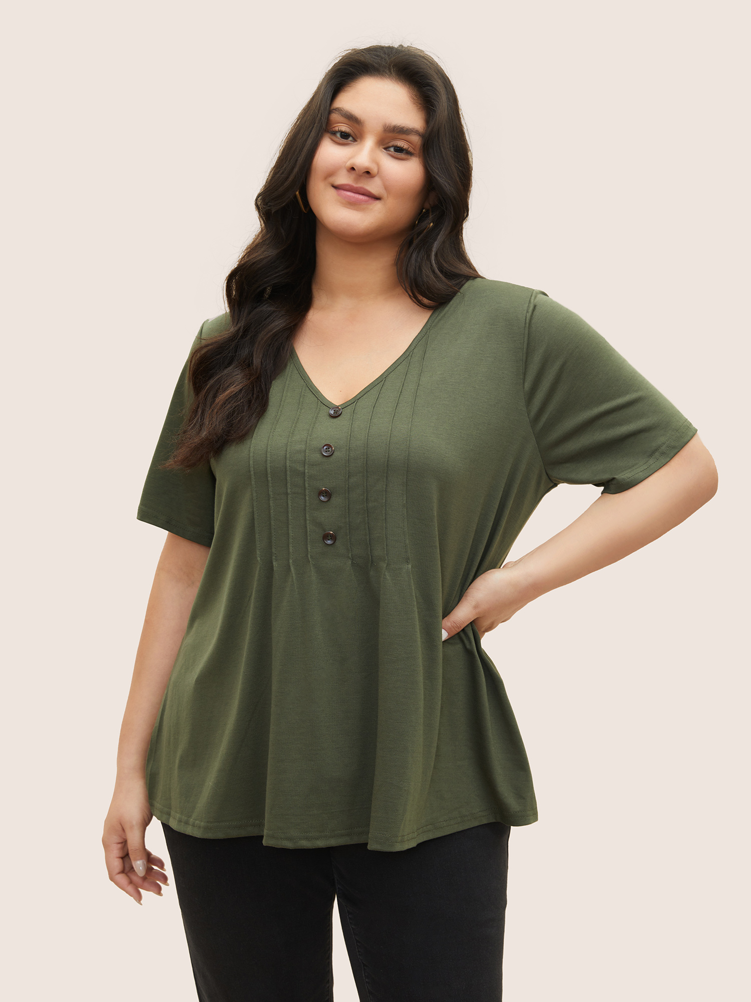 

Plus Size Solid Pleated Front Button Detail V Neck T-shirt ArmyGreen Women Casual Button Plain V-neck Everyday T-shirts BloomChic