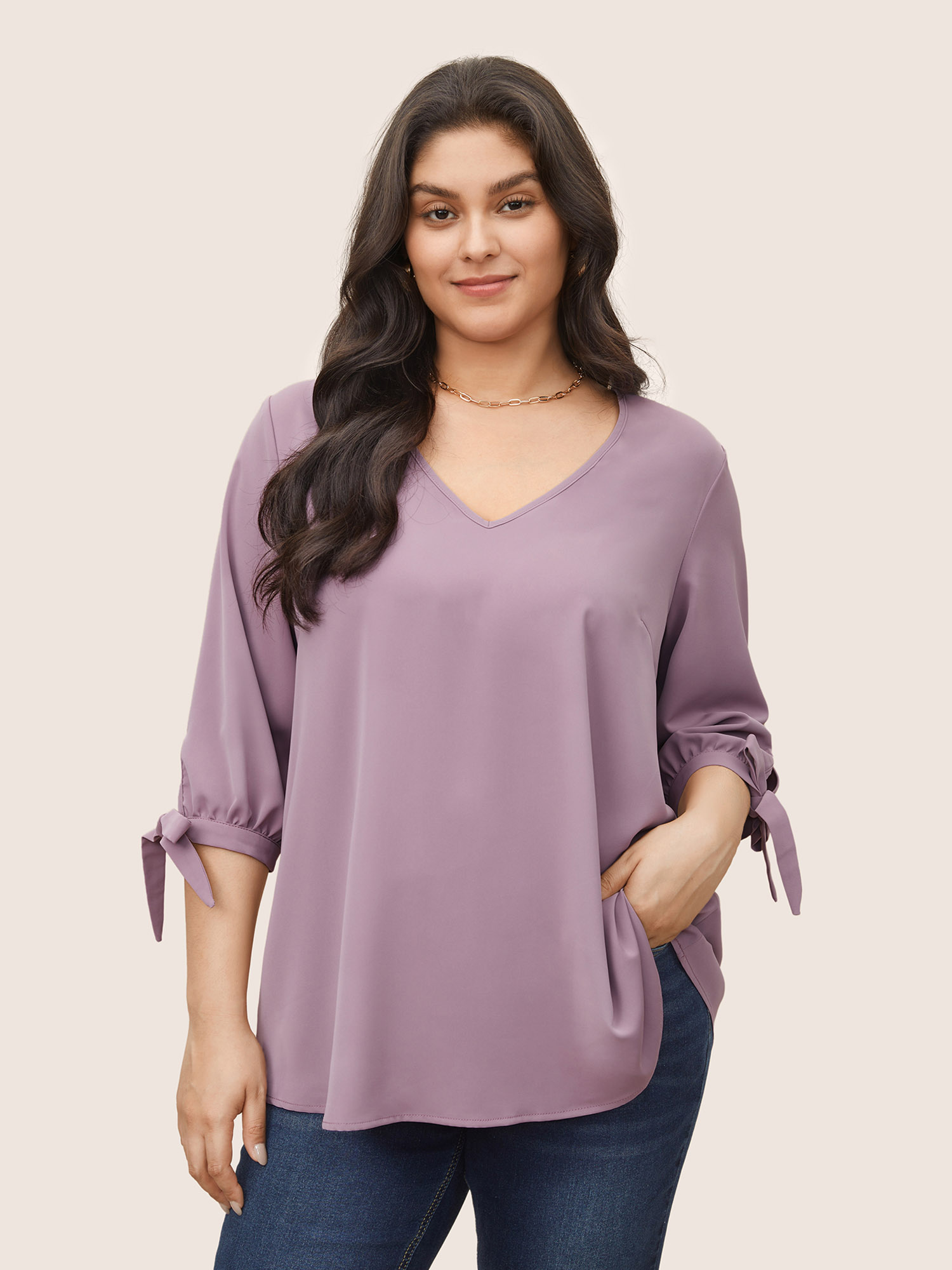 

Plus Size Mauve Plain Knotted Sleeve V Neck Blouse Women Work From Home Elbow-length sleeve V-neck Work Blouses BloomChic