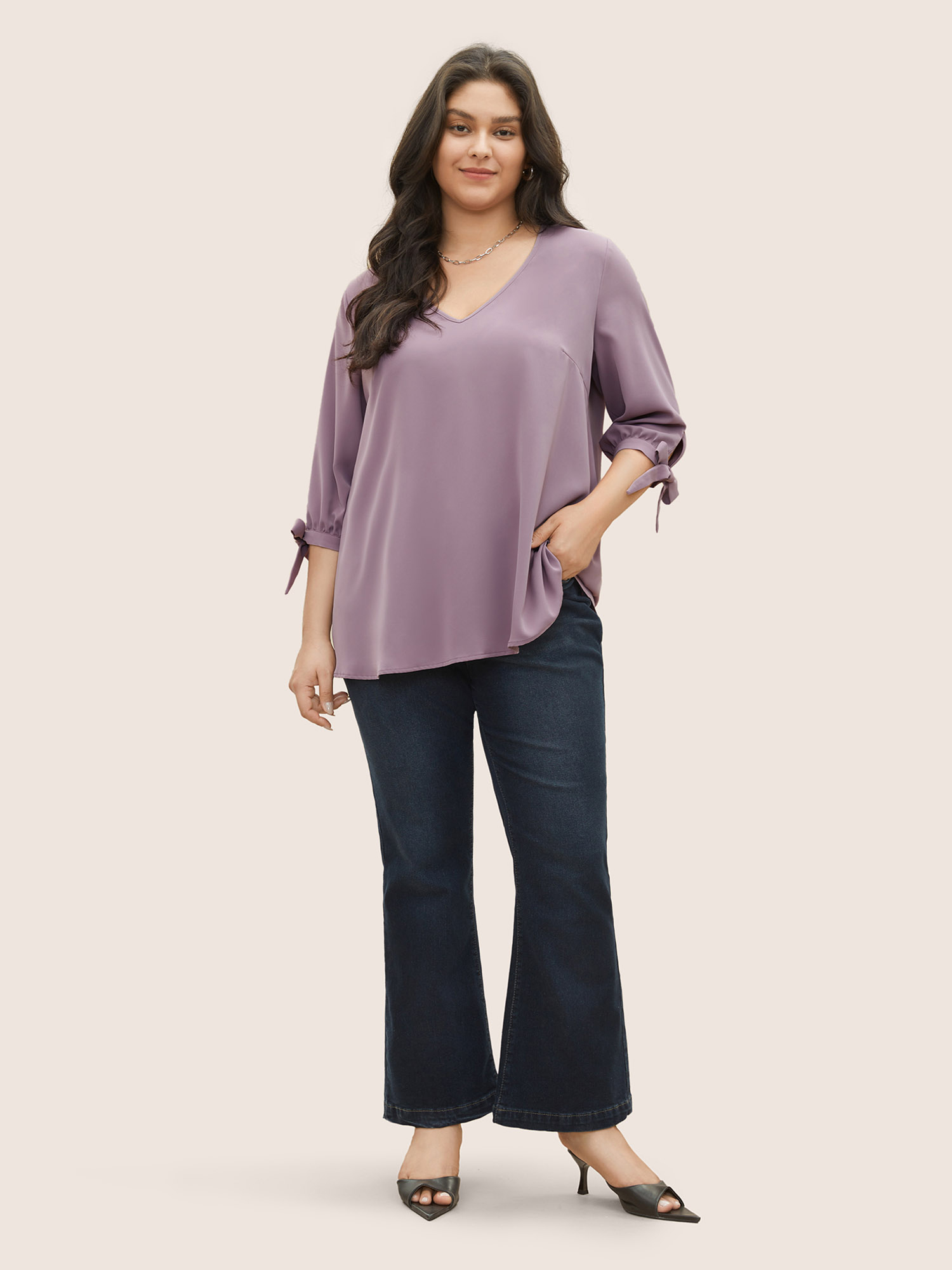 

Plus Size Mauve Plain Knotted Sleeve V Neck Blouse Women Work From Home Elbow-length sleeve V-neck Work Blouses BloomChic