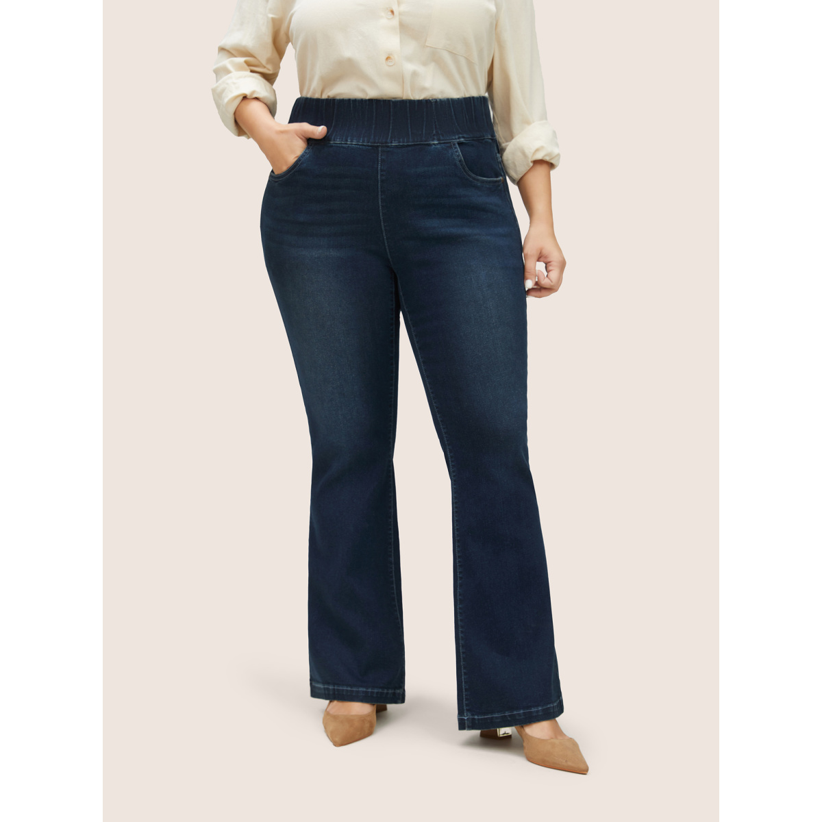 

Plus Size Elastic Waist Flare Leg Dark Wash Jeans Women Indigo Casual Plain Non High stretch Slanted pocket Jeans BloomChic
