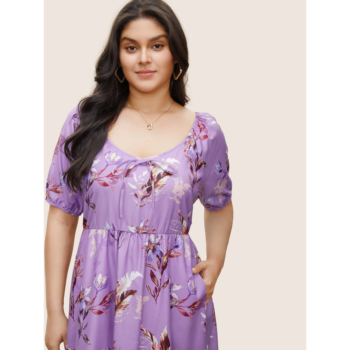 

Plus Size Floral Print Ties Scoop Neck Flutter Hem Dress Purple Women Non Curvy Midi Dress BloomChic