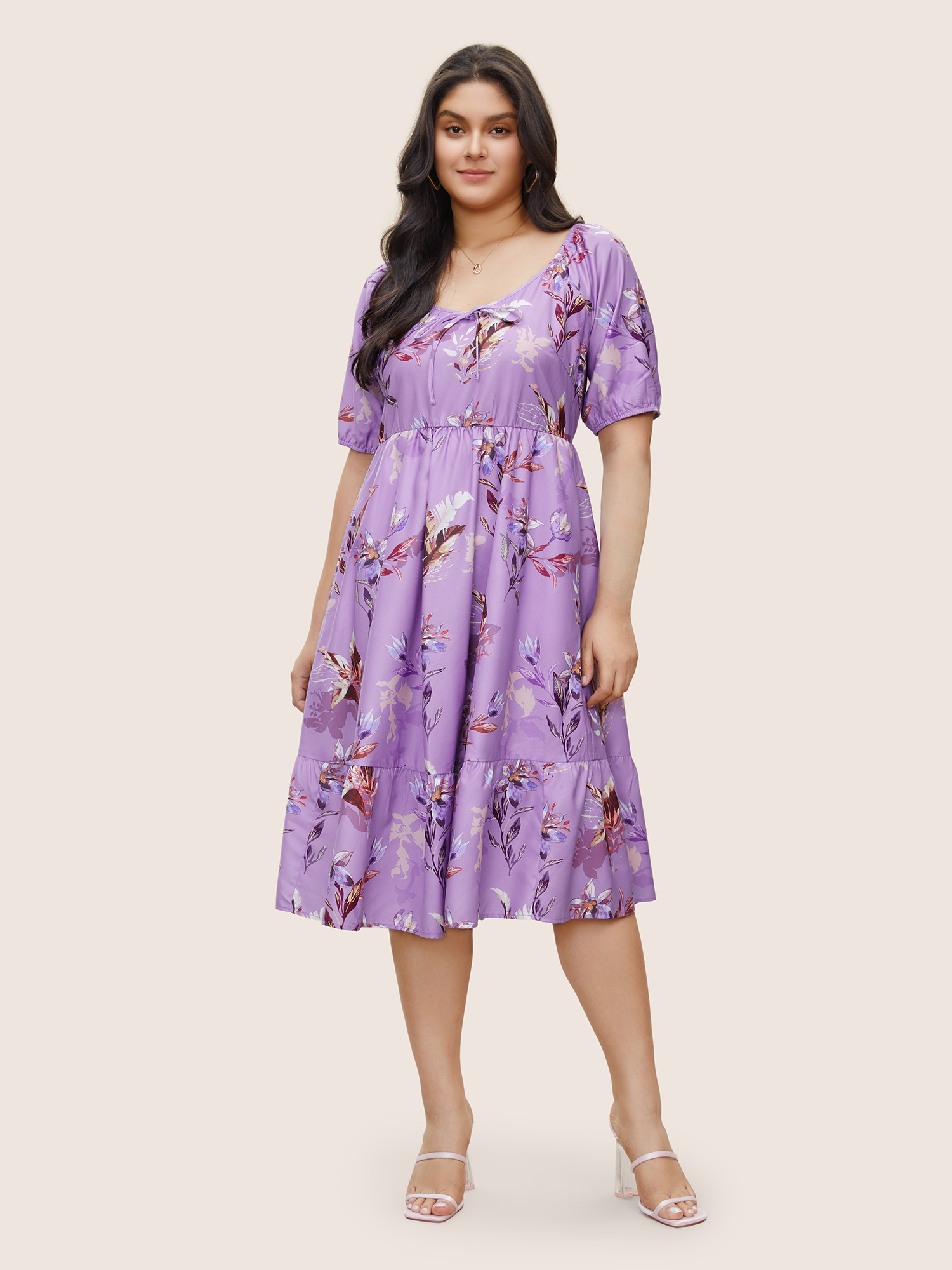 

Plus Size Floral Print Ties Scoop Neck Flutter Hem Dress Purple Women Elegant Non Short sleeve Curvy Midi Dress BloomChic