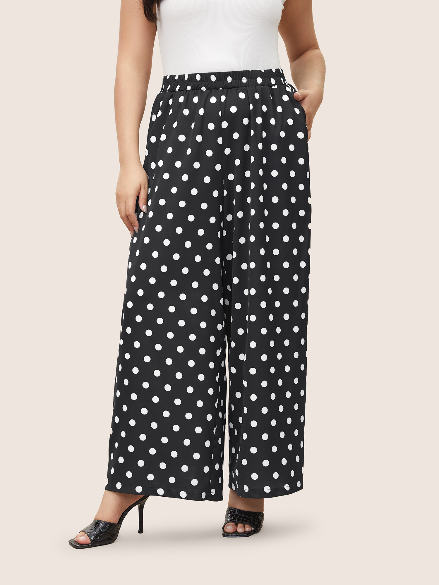 

Plus Size Polka Dot Elastic Waist Wide Leg Pants Women Black Resort Wide Leg High Rise Vacation Pants BloomChic