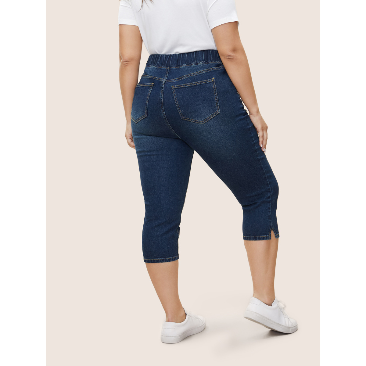

Plus Size Split Side Elastic Waist Pull-On Jegging Jeans Women Blue Casual Plain Slit High stretch Slanted pocket Jeans BloomChic